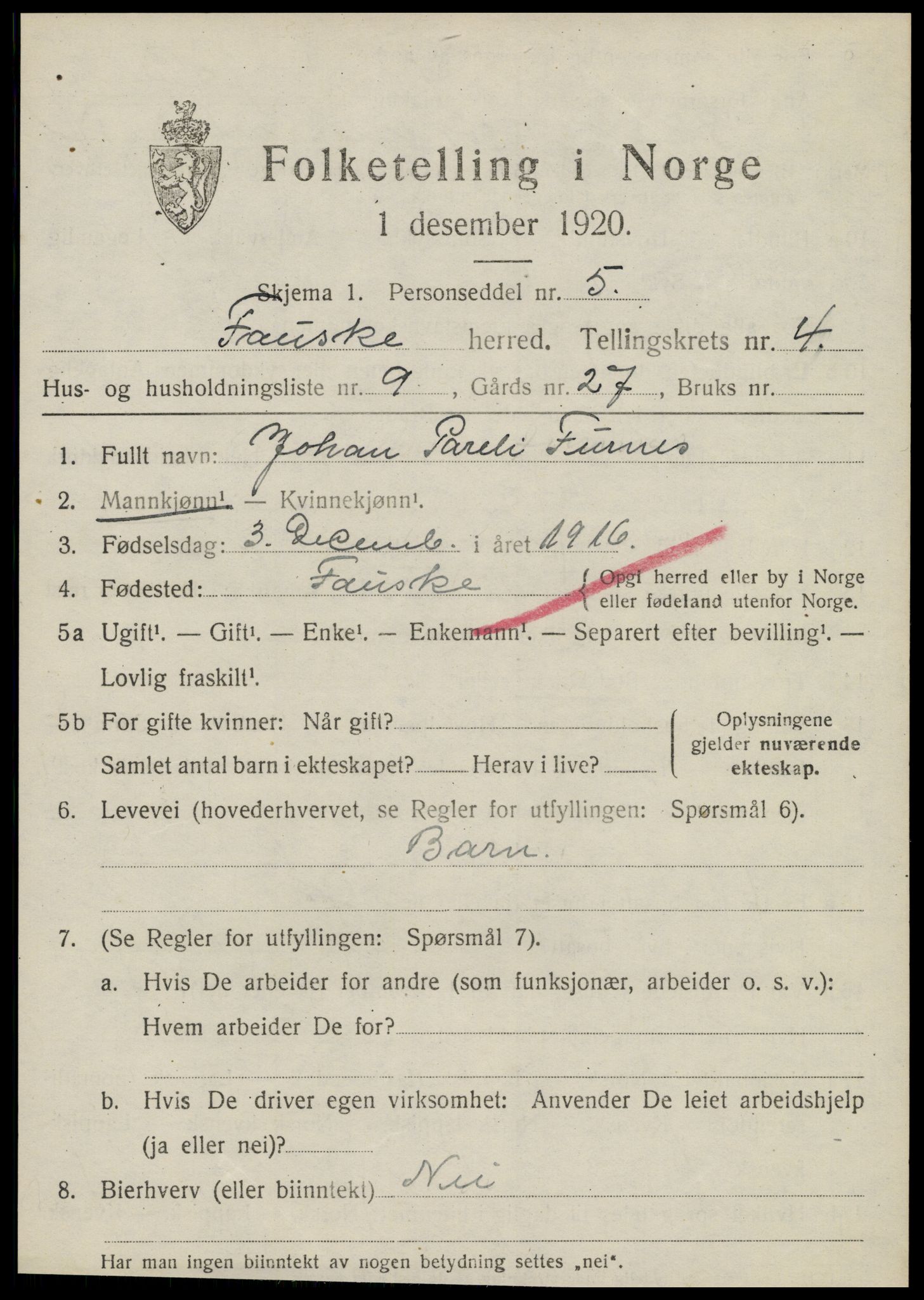 SAT, 1920 census for Fauske, 1920, p. 4390