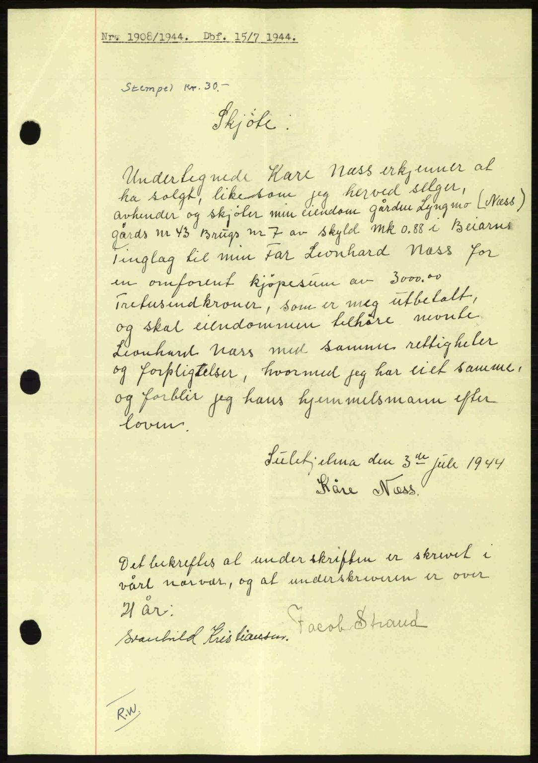 Salten sorenskriveri, SAT/A-4578/1/2/2C: Mortgage book no. A14-15, 1943-1945, Diary no: : 1908/1944