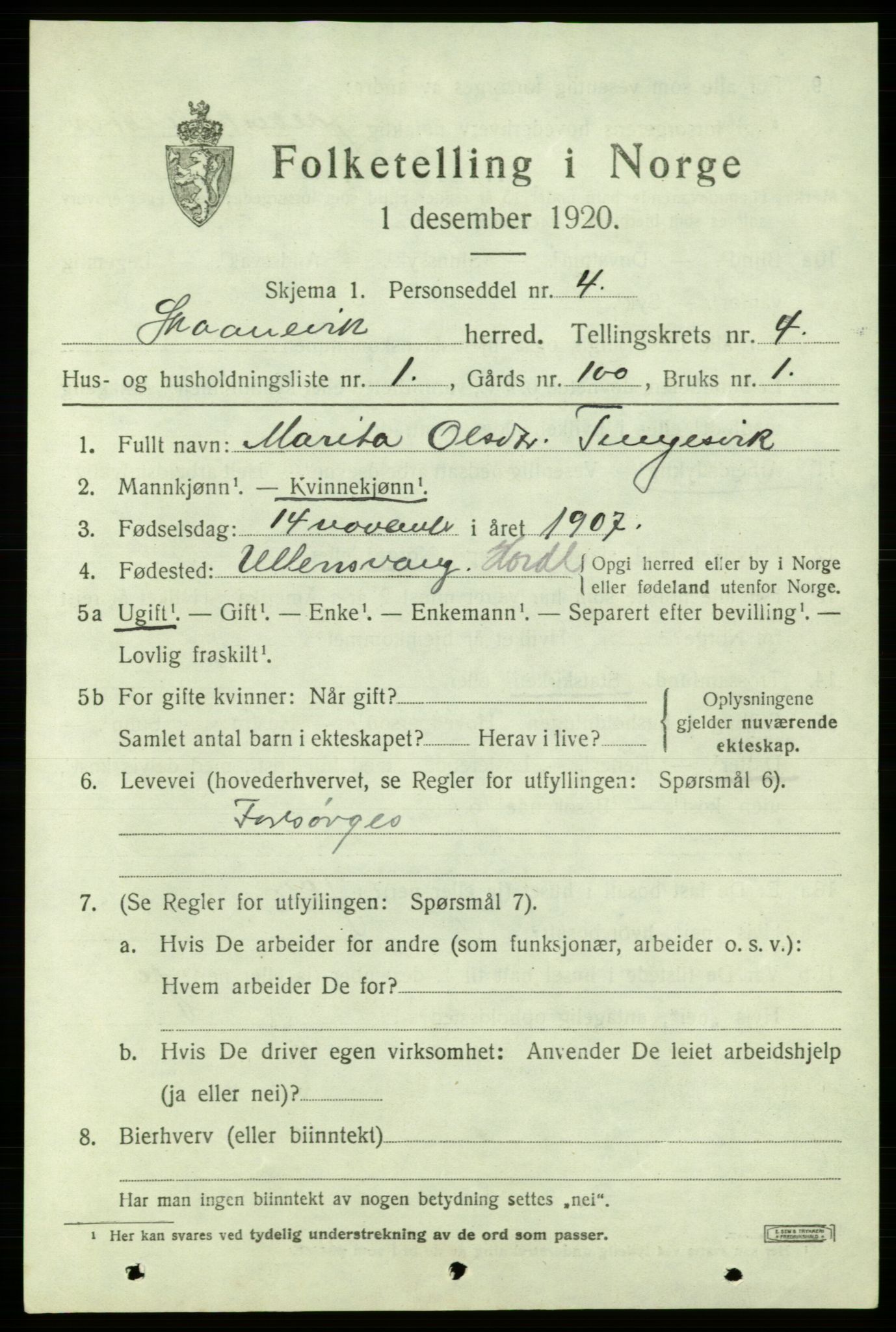 SAB, 1920 census for Skånevik, 1920, p. 3311