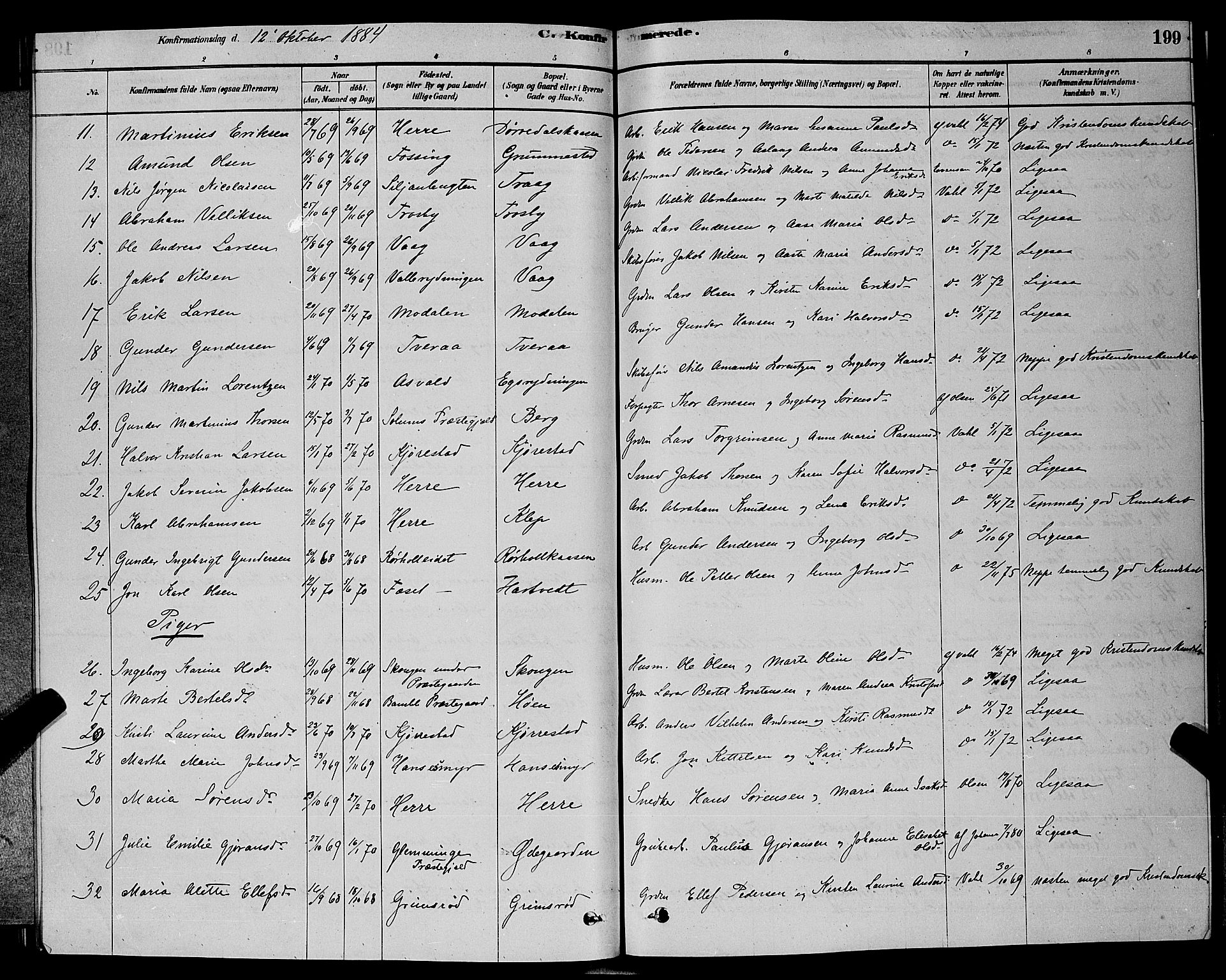Bamble kirkebøker, AV/SAKO-A-253/G/Ga/L0008: Parish register (copy) no. I 8, 1878-1888, p. 199