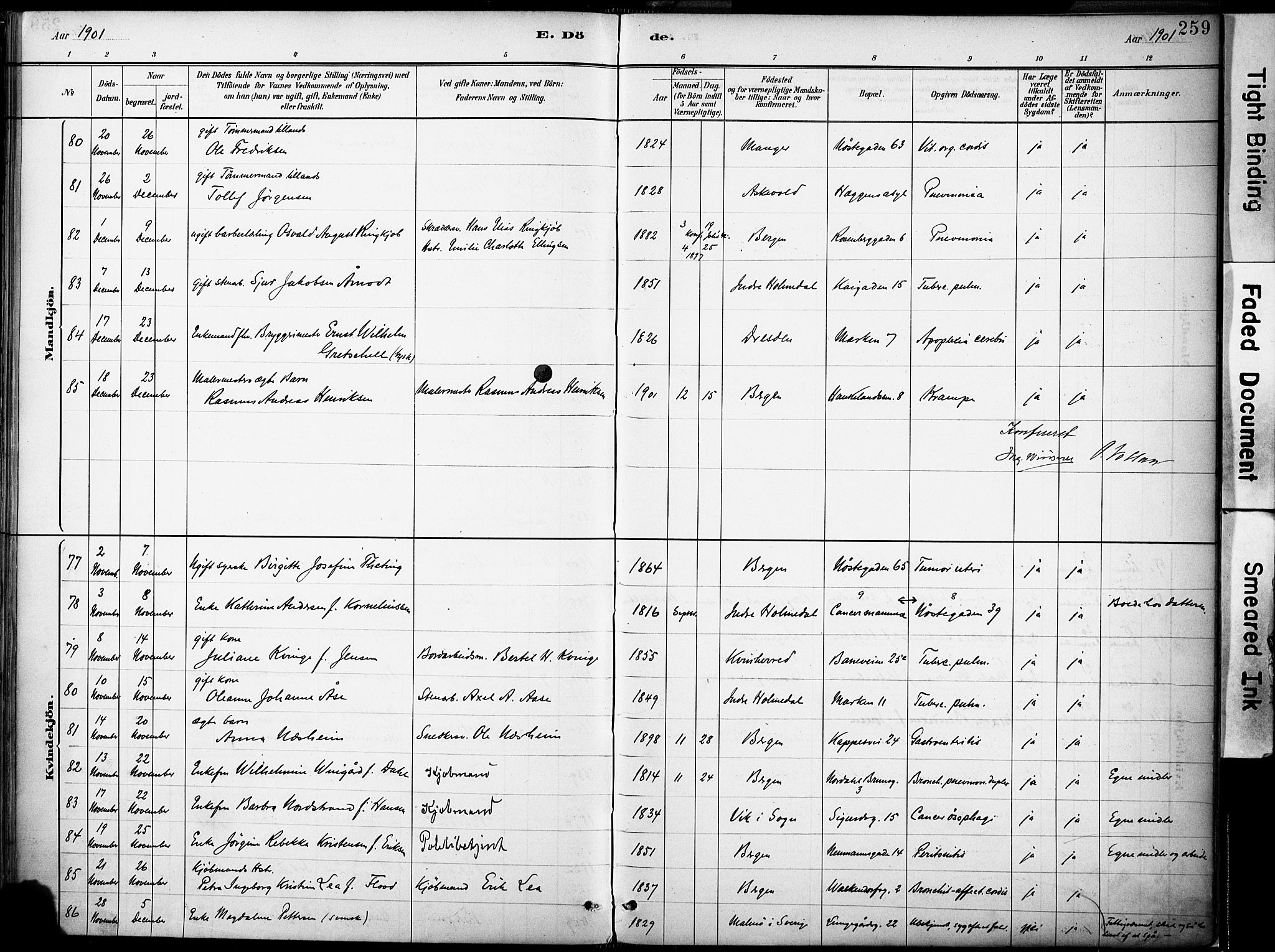 Domkirken sokneprestembete, AV/SAB-A-74801/H/Haa/L0043: Parish register (official) no. E 5, 1882-1904, p. 259