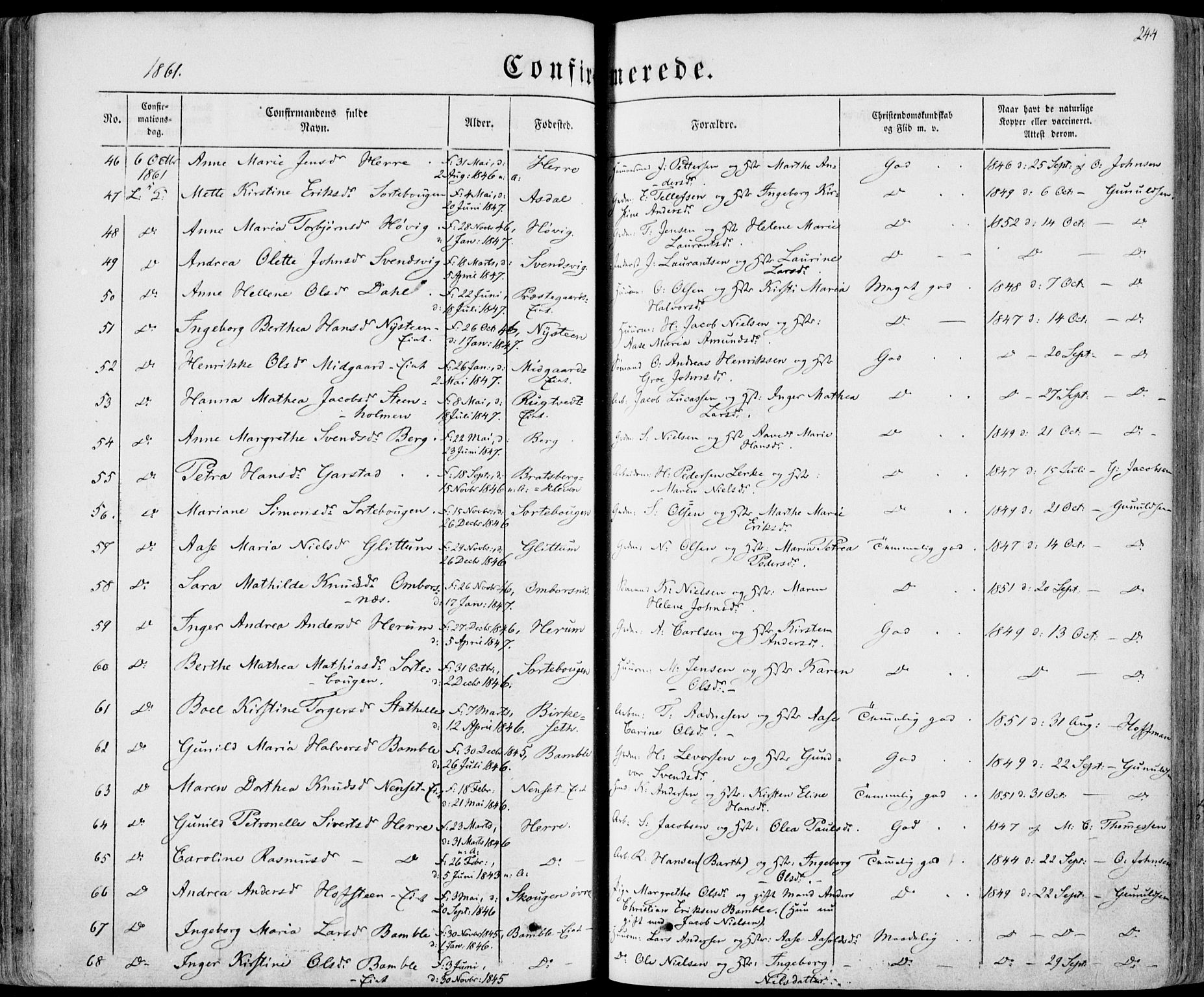 Bamble kirkebøker, AV/SAKO-A-253/F/Fa/L0005: Parish register (official) no. I 5, 1854-1869, p. 244