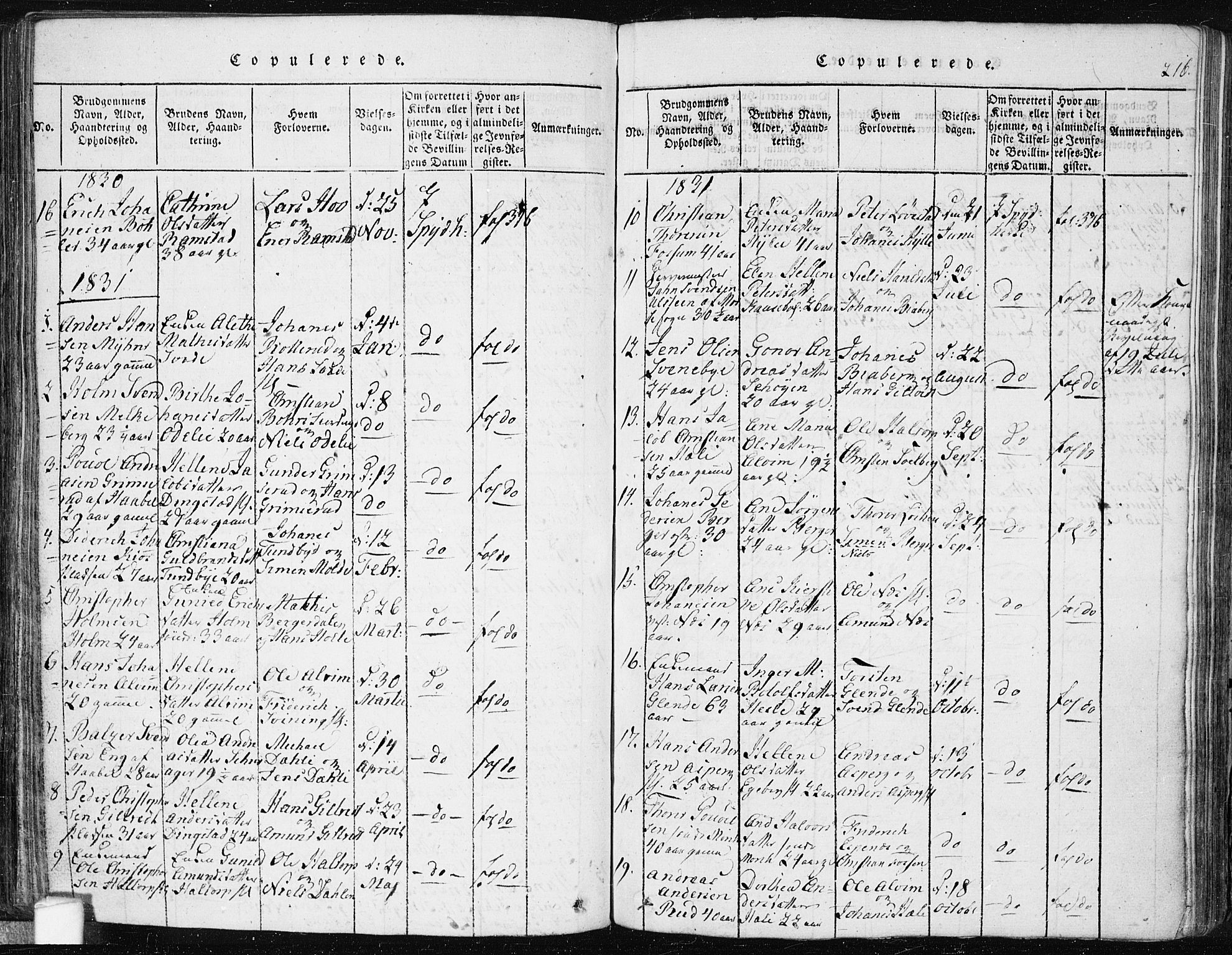 Spydeberg prestekontor Kirkebøker, SAO/A-10924/F/Fa/L0004: Parish register (official) no. I 4, 1814-1841, p. 216