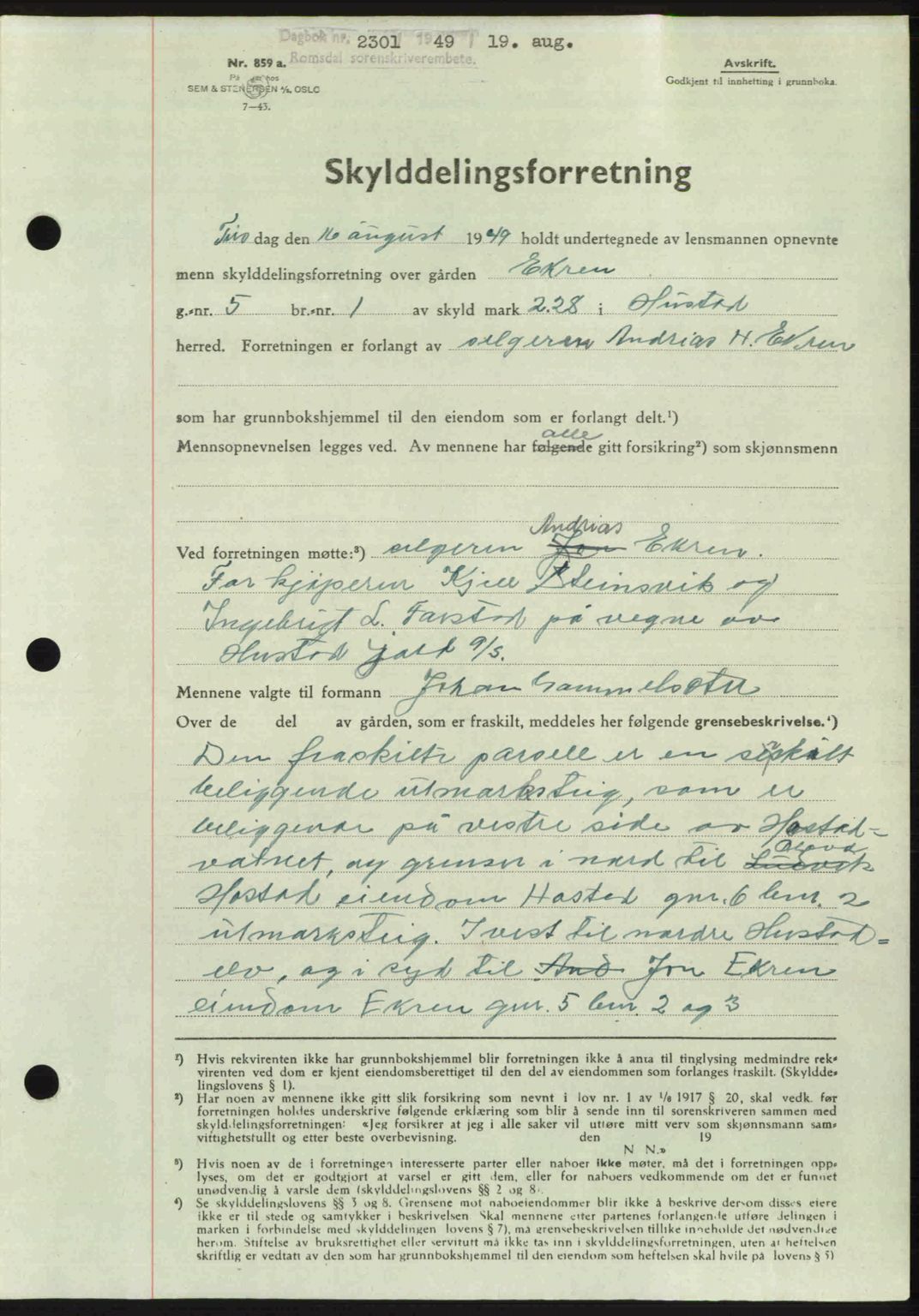 Romsdal sorenskriveri, AV/SAT-A-4149/1/2/2C: Mortgage book no. A30, 1949-1949, Diary no: : 2301/1949