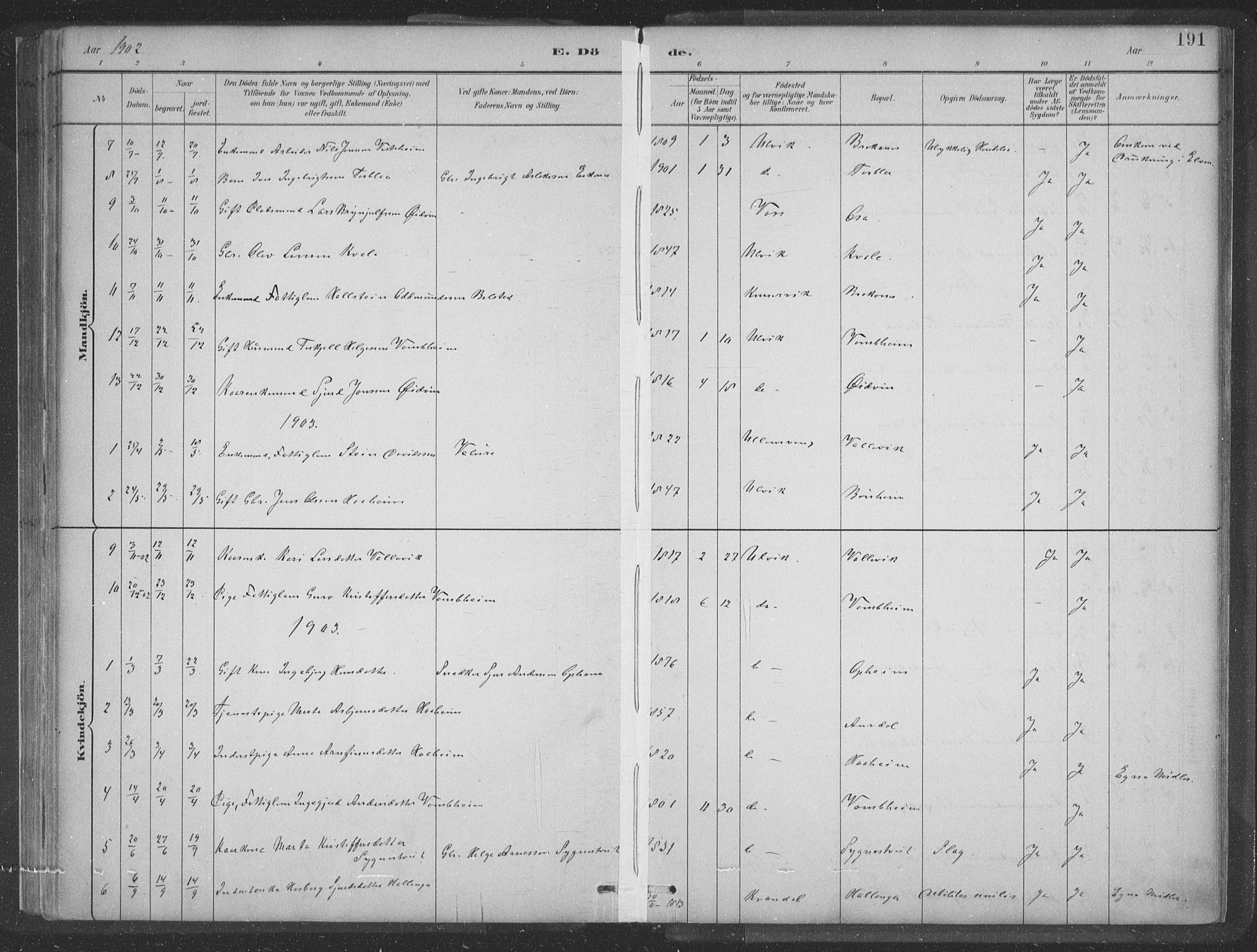 Ulvik sokneprestembete, SAB/A-78801/H/Hab: Parish register (copy) no. A 3, 1883-1908, p. 191