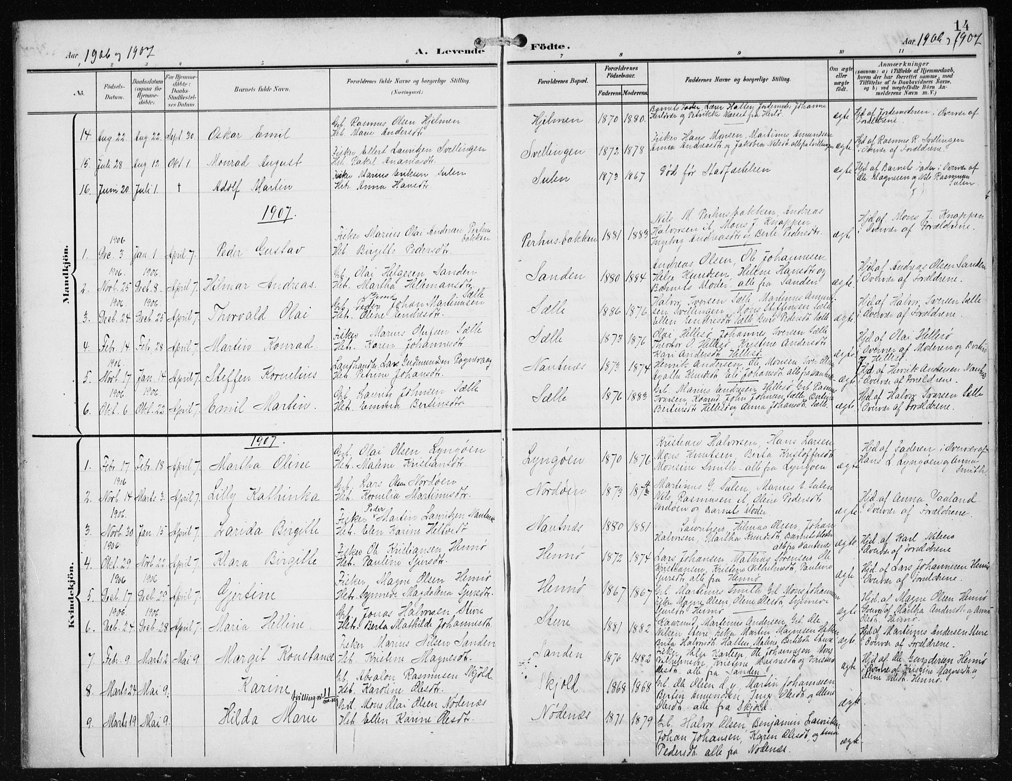 Herdla Sokneprestembete, AV/SAB-A-75701/H/Haa: Parish register (official) no. B 1, 1902-1921, p. 14