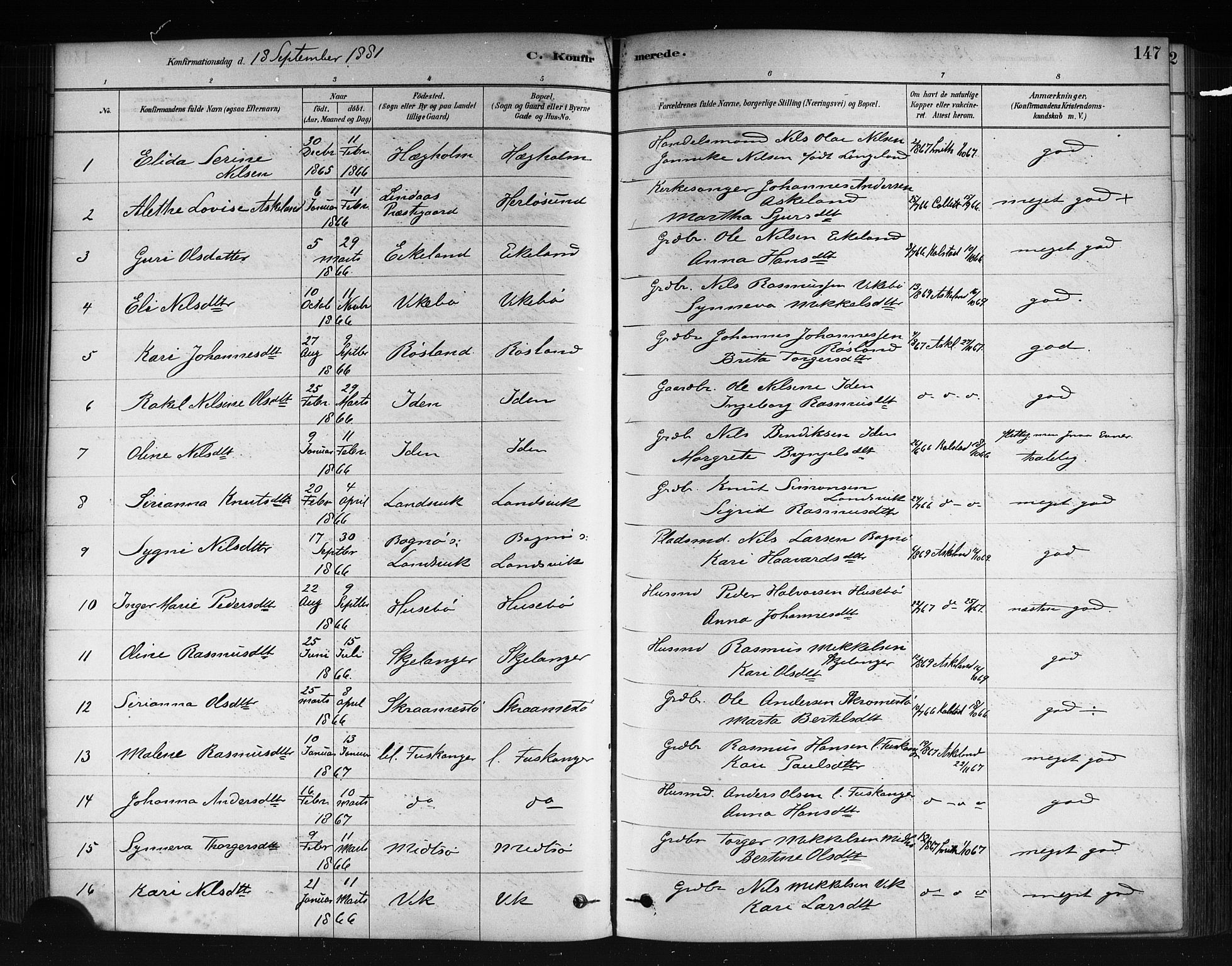 Herdla Sokneprestembete, AV/SAB-A-75701/H/Haa: Parish register (official) no. A 3, 1878-1890, p. 147