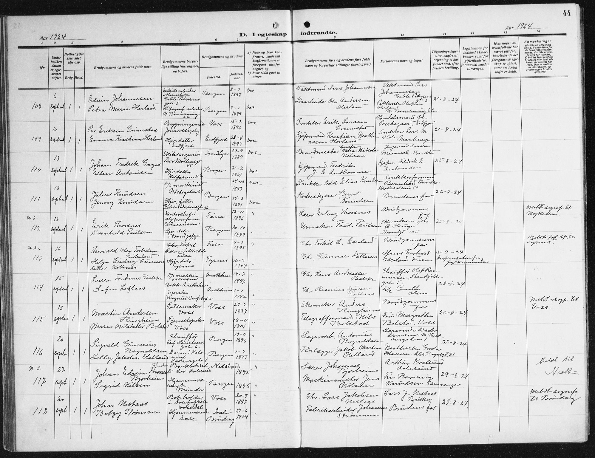 Domkirken sokneprestembete, AV/SAB-A-74801/H/Haa/L0039: Parish register (official) no. D 6, 1921-1937, p. 44