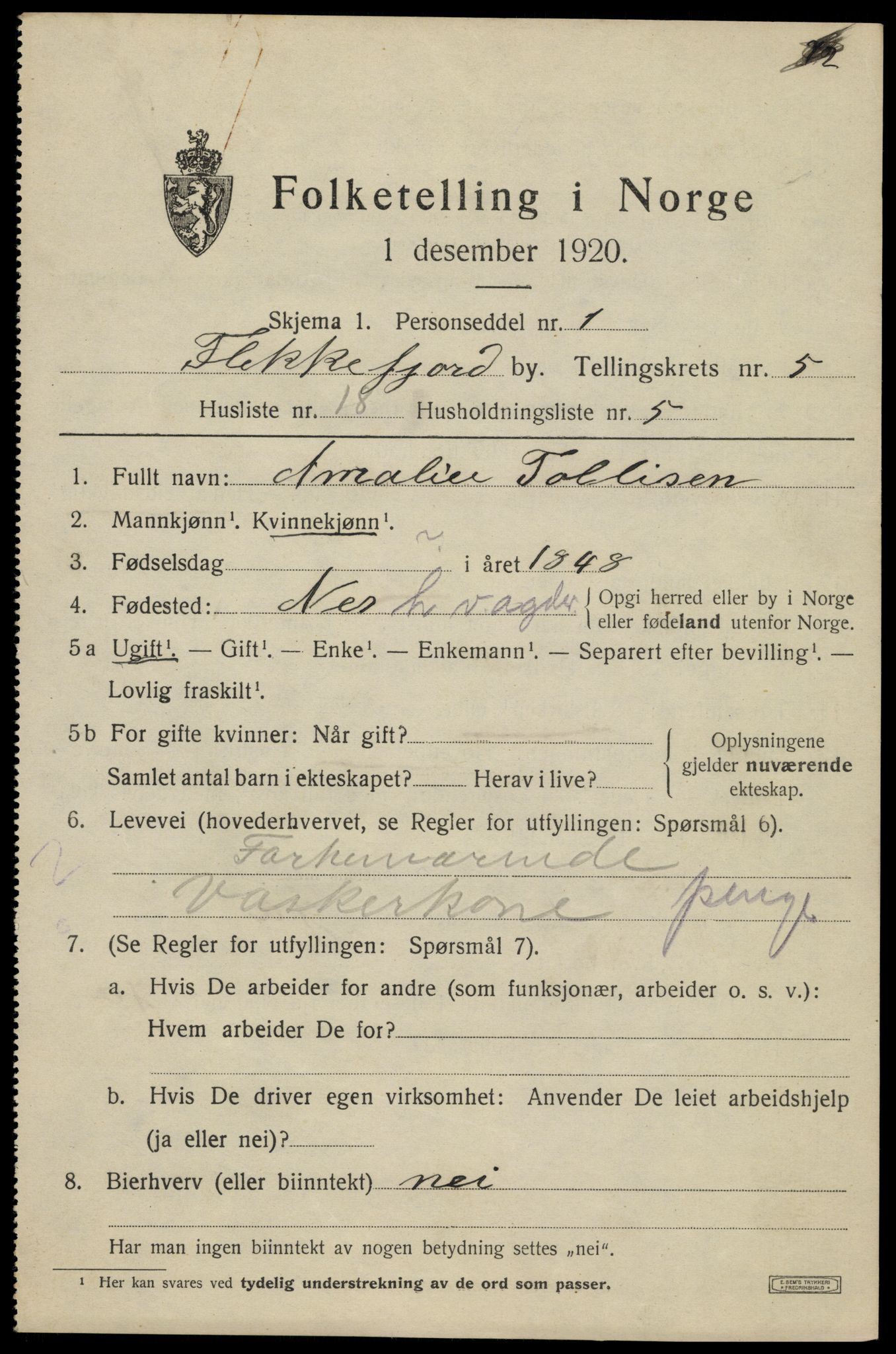 SAK, 1920 census for Flekkefjord, 1920, p. 5454