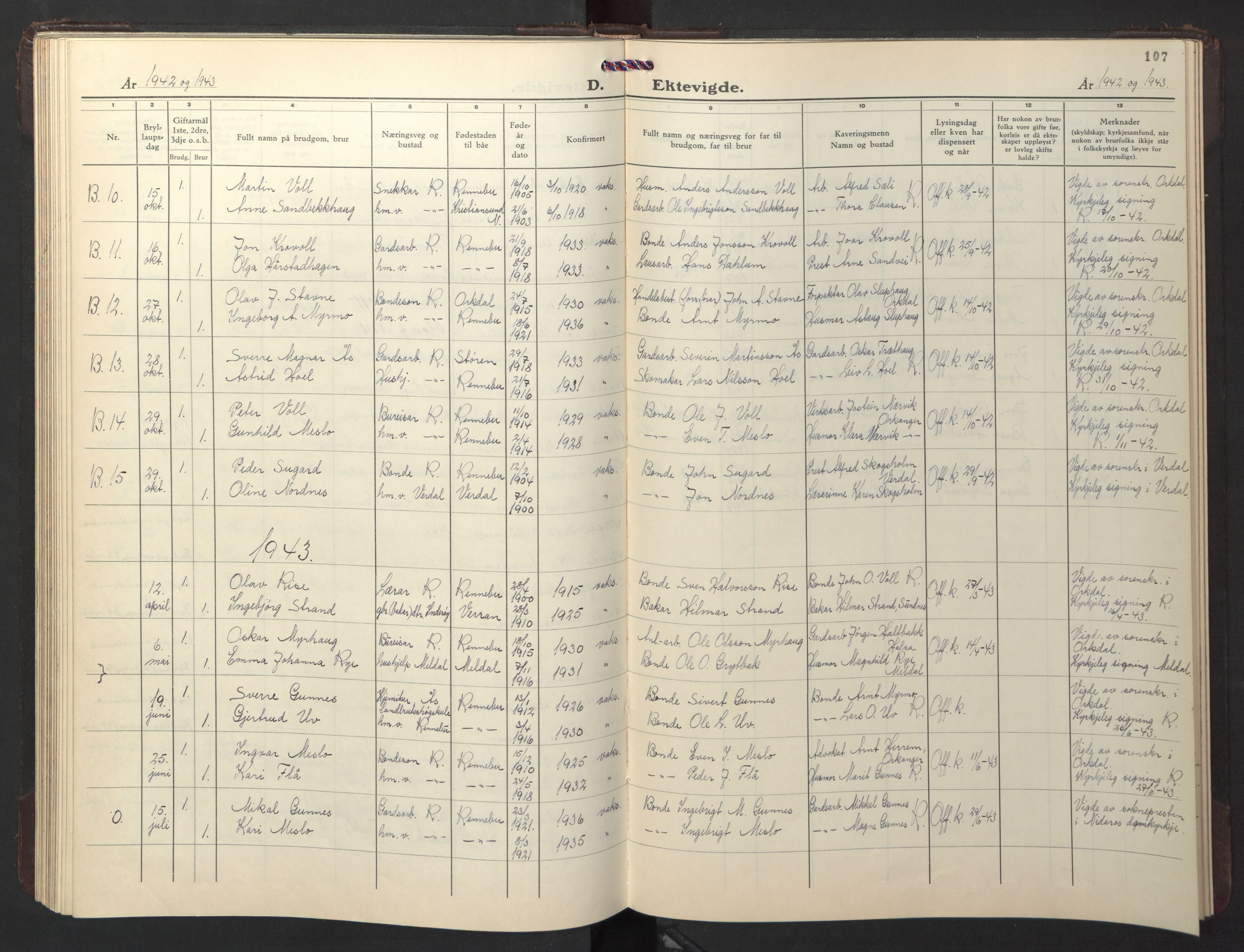 Ministerialprotokoller, klokkerbøker og fødselsregistre - Sør-Trøndelag, SAT/A-1456/674/L0878: Parish register (copy) no. 674C05, 1941-1950, p. 107