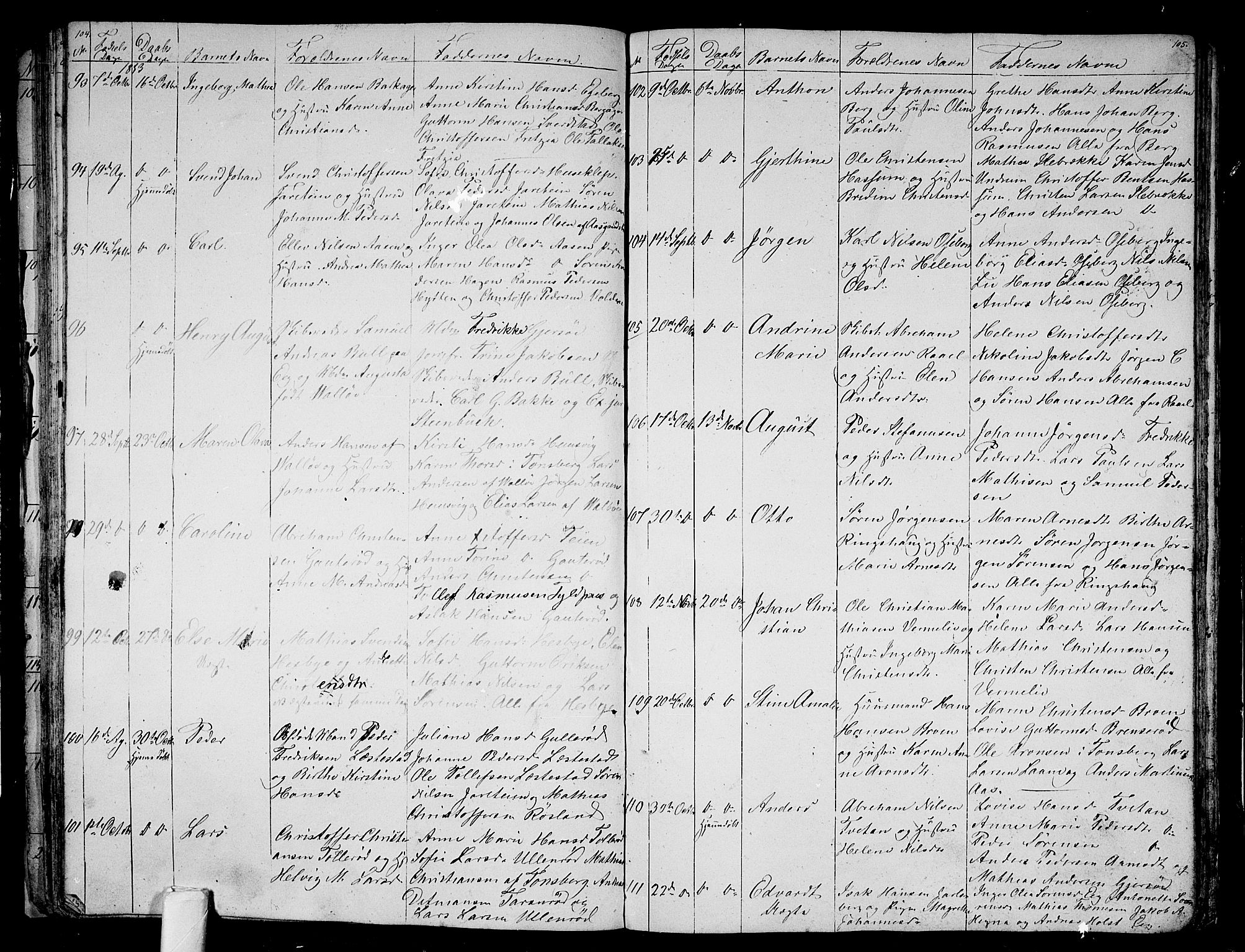 Sem kirkebøker, AV/SAKO-A-5/G/Ga/L0003: Parish register (copy) no. I 3, 1844-1855, p. 104-105