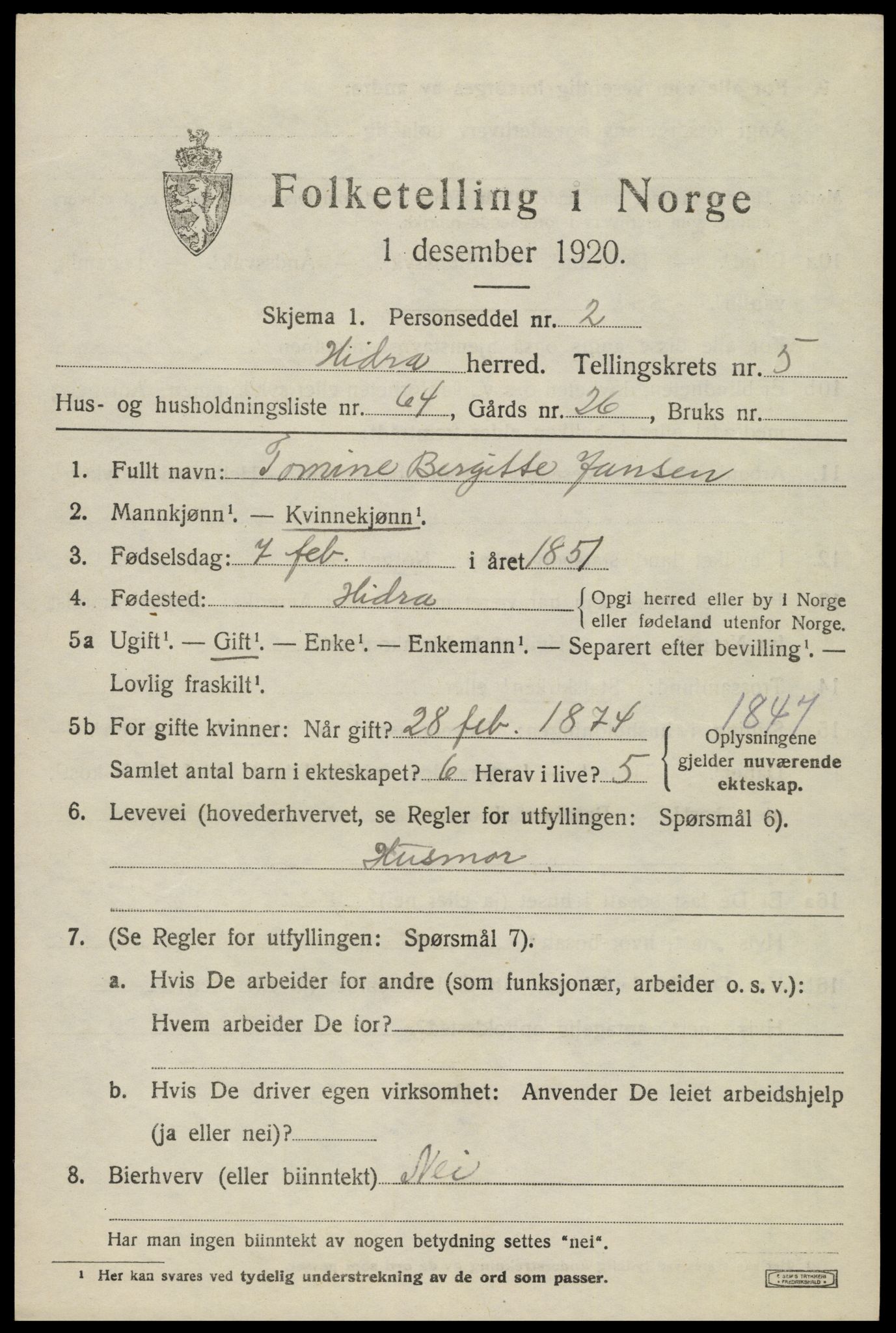 SAK, 1920 census for Hidra, 1920, p. 4058