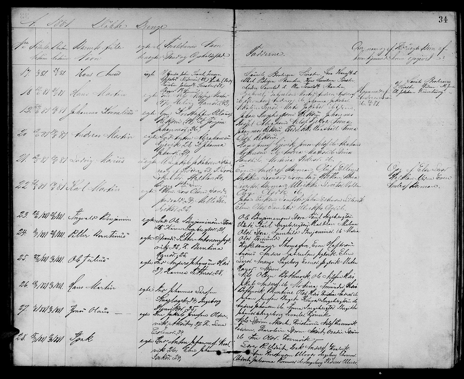 Ministerialprotokoller, klokkerbøker og fødselsregistre - Sør-Trøndelag, AV/SAT-A-1456/637/L0561: Parish register (copy) no. 637C02, 1873-1882, p. 34