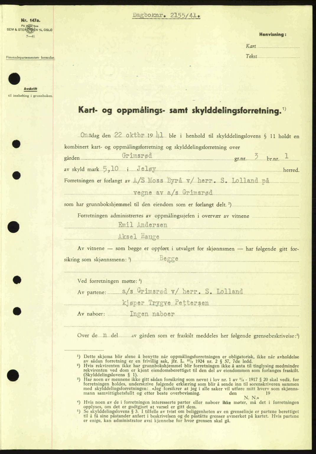 Moss sorenskriveri, SAO/A-10168: Mortgage book no. A9, 1941-1942, Diary no: : 2155/1941