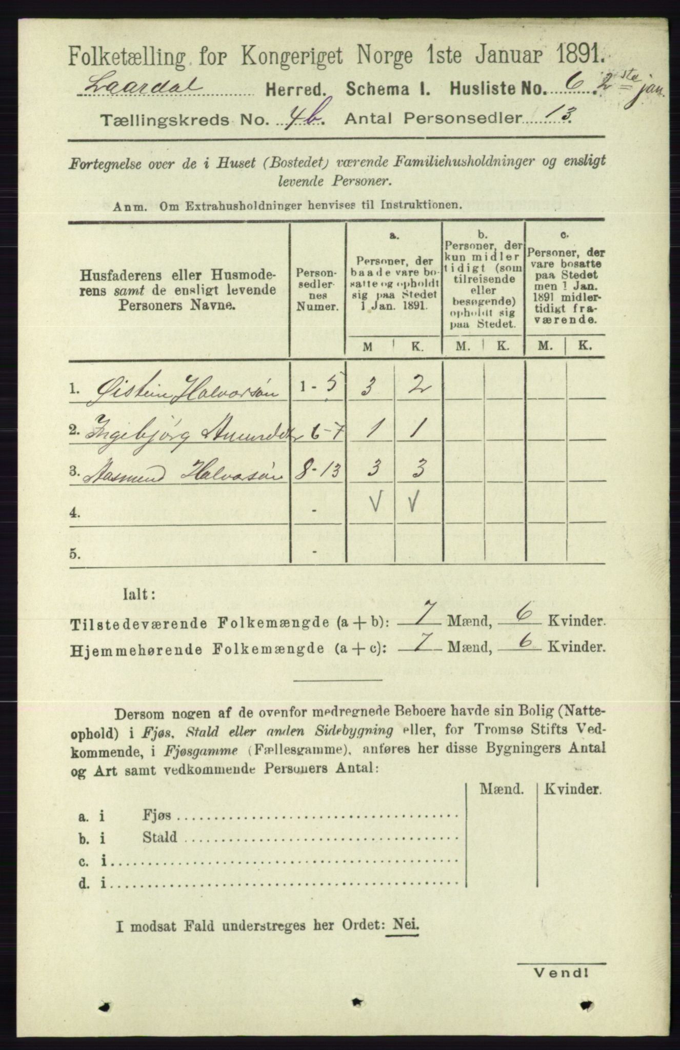 RA, 1891 census for 0833 Lårdal, 1891, p. 1163