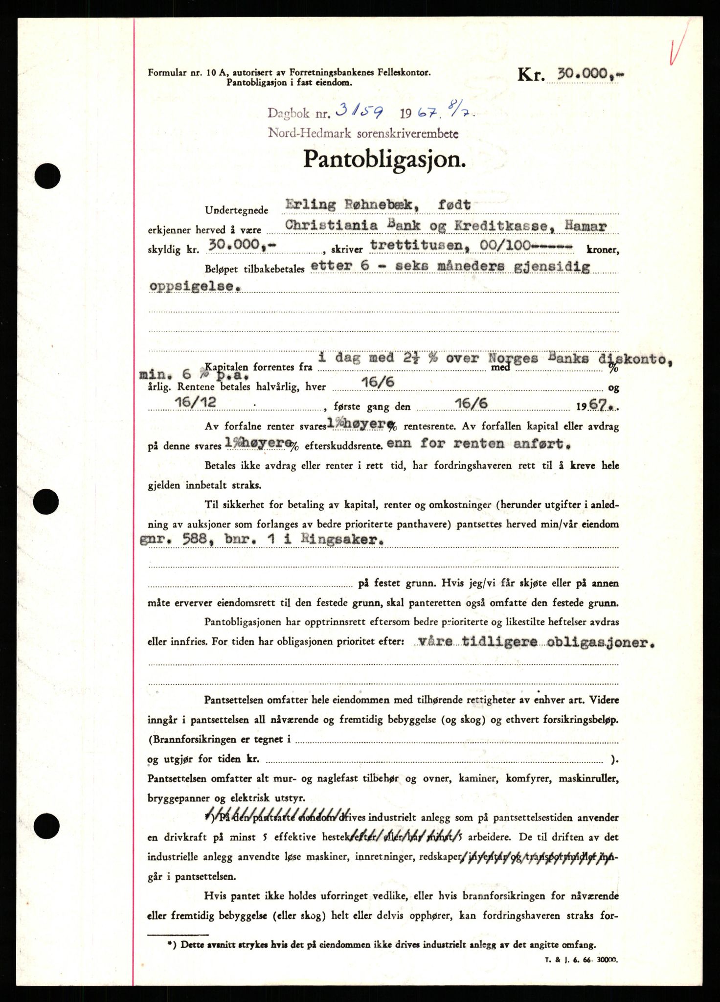 Nord-Hedmark sorenskriveri, SAH/TING-012/H/Hb/Hbf/L0071: Mortgage book no. B71, 1967-1967, Diary no: : 3159/1967