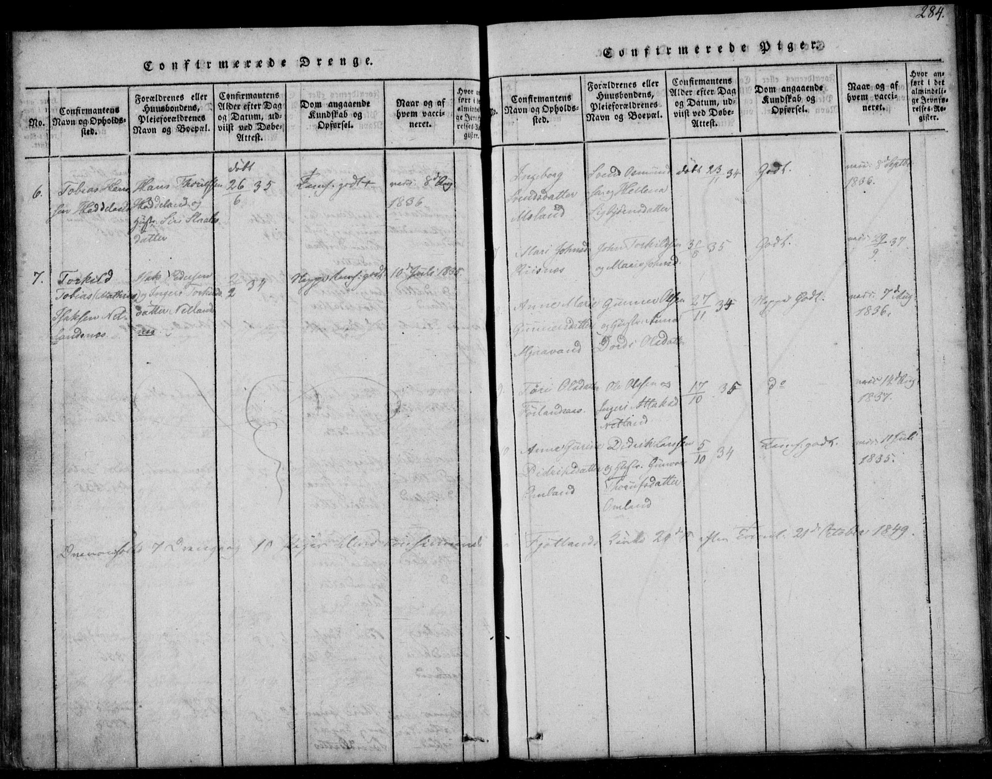 Fjotland sokneprestkontor, SAK/1111-0010/F/Fb/L0001: Parish register (copy) no. B 1, 1816-1849, p. 284