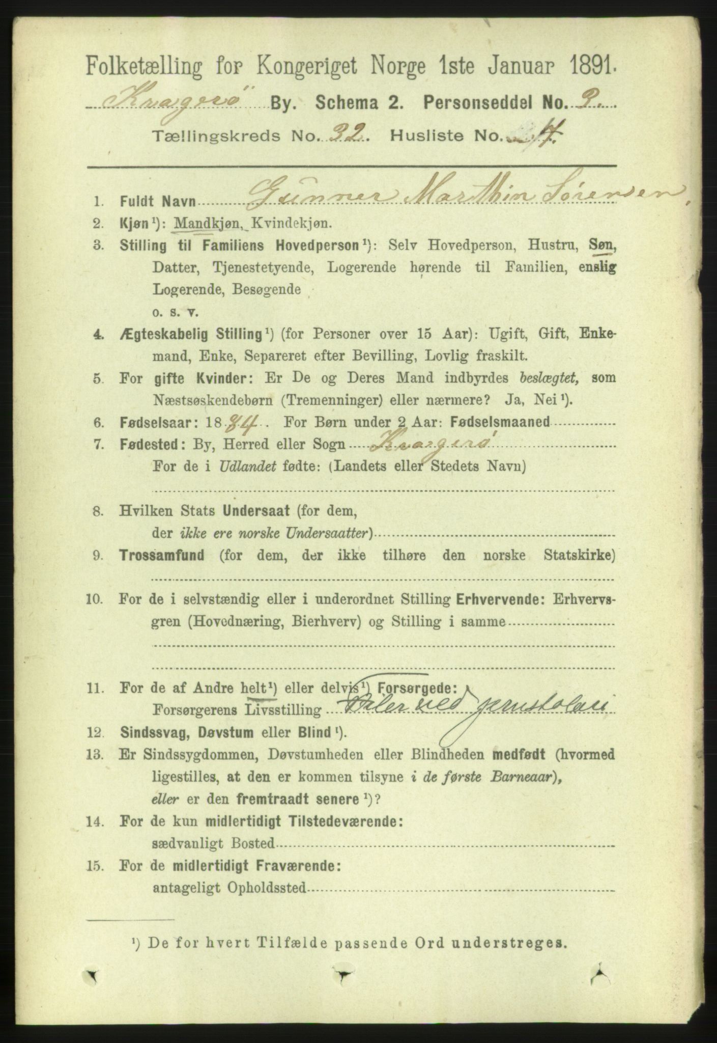 RA, 1891 census for 0801 Kragerø, 1891, p. 5807