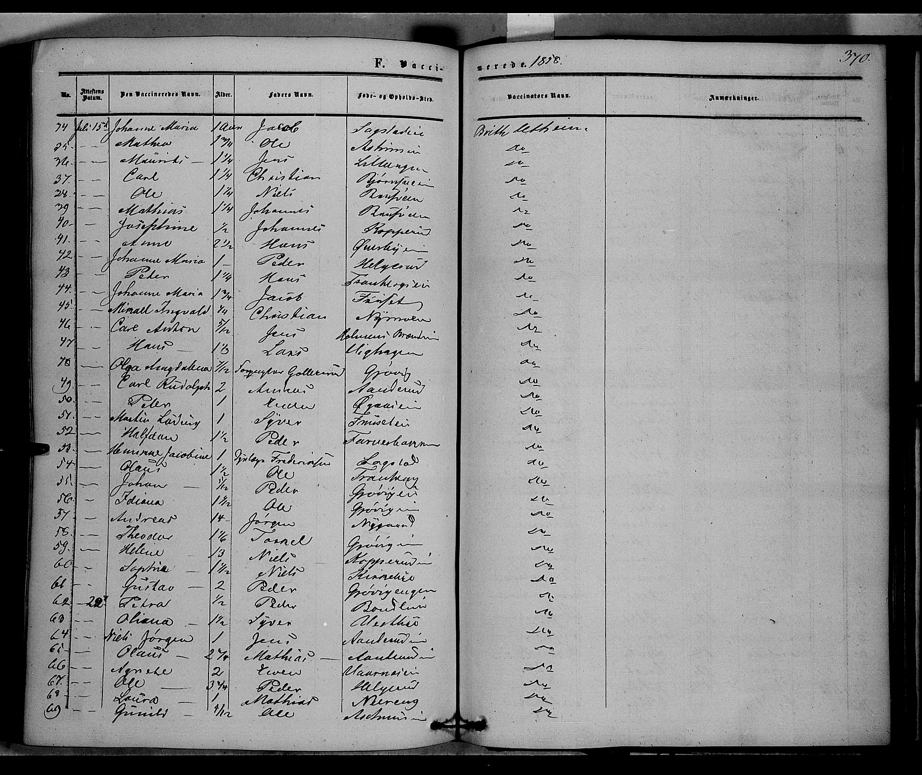 Vardal prestekontor, SAH/PREST-100/H/Ha/Haa/L0006: Parish register (official) no. 6, 1854-1866, p. 370