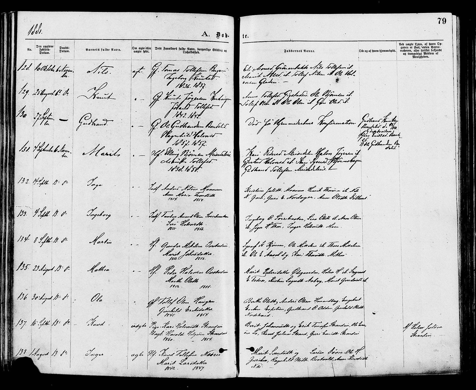 Nord-Aurdal prestekontor, SAH/PREST-132/H/Ha/Haa/L0009: Parish register (official) no. 9, 1876-1882, p. 79