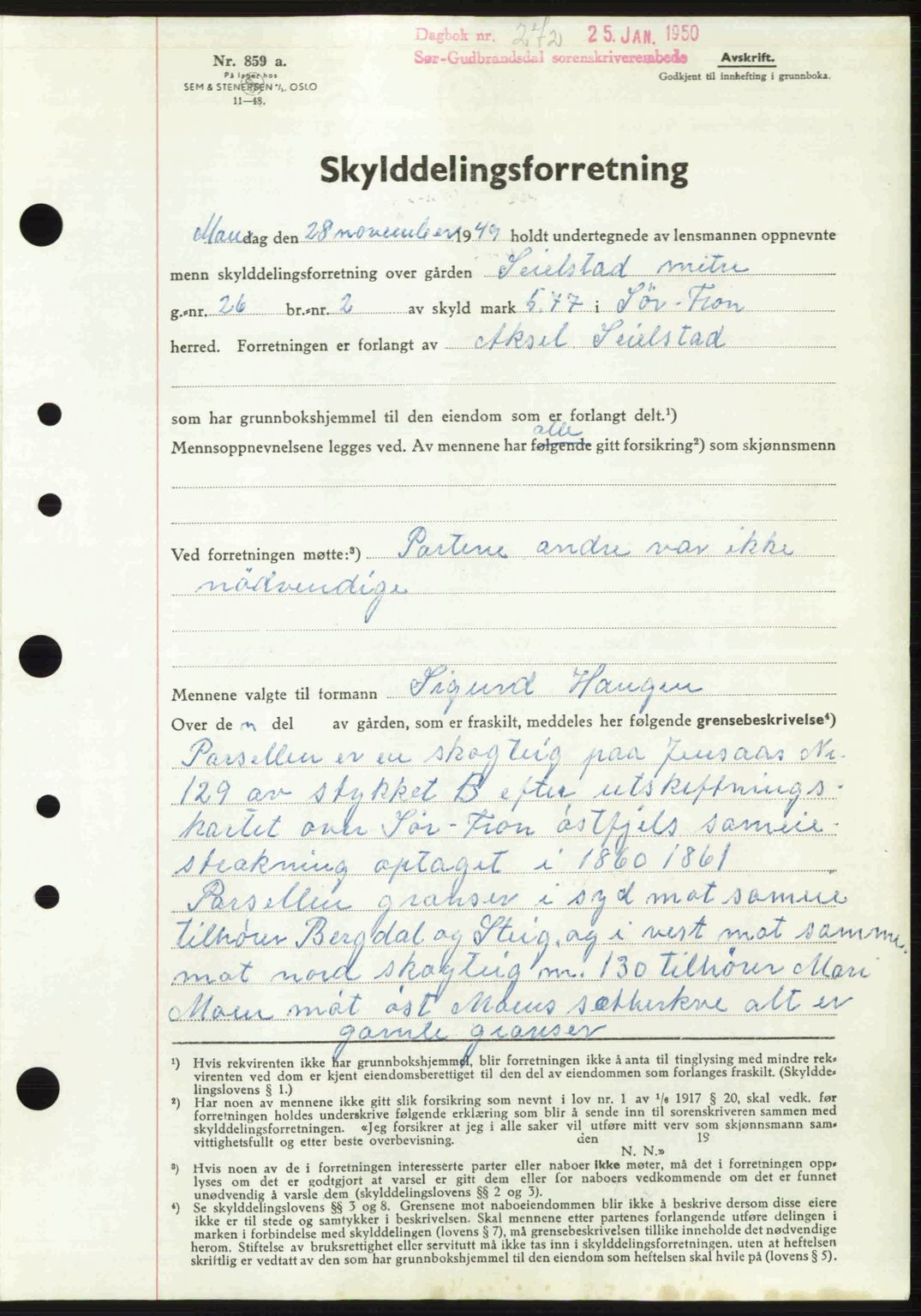 Sør-Gudbrandsdal tingrett, AV/SAH-TING-004/H/Hb/Hbd/L0027: Mortgage book no. A27, 1949-1950, Diary no: : 272/1950