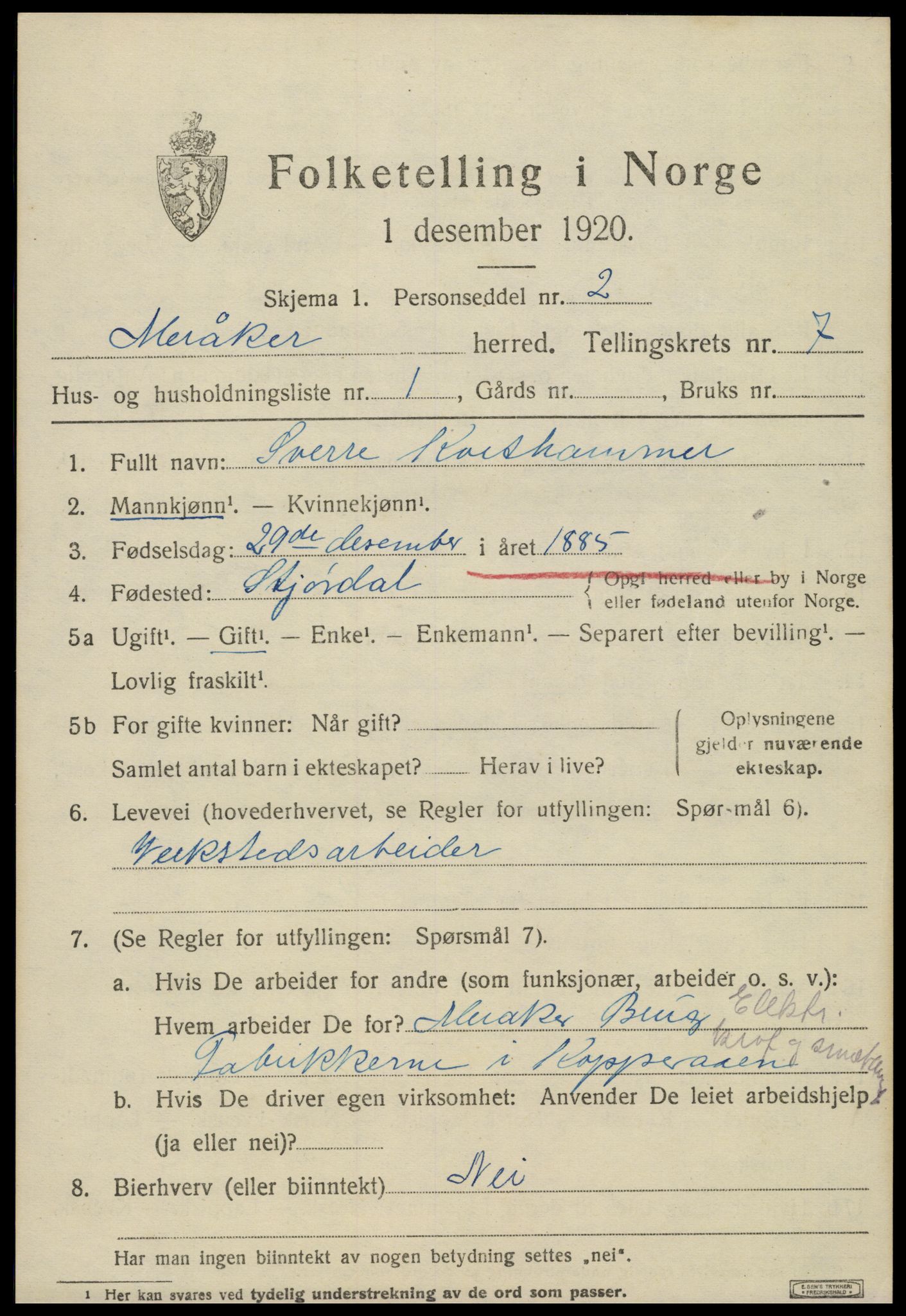 SAT, 1920 census for Meråker, 1920, p. 4990