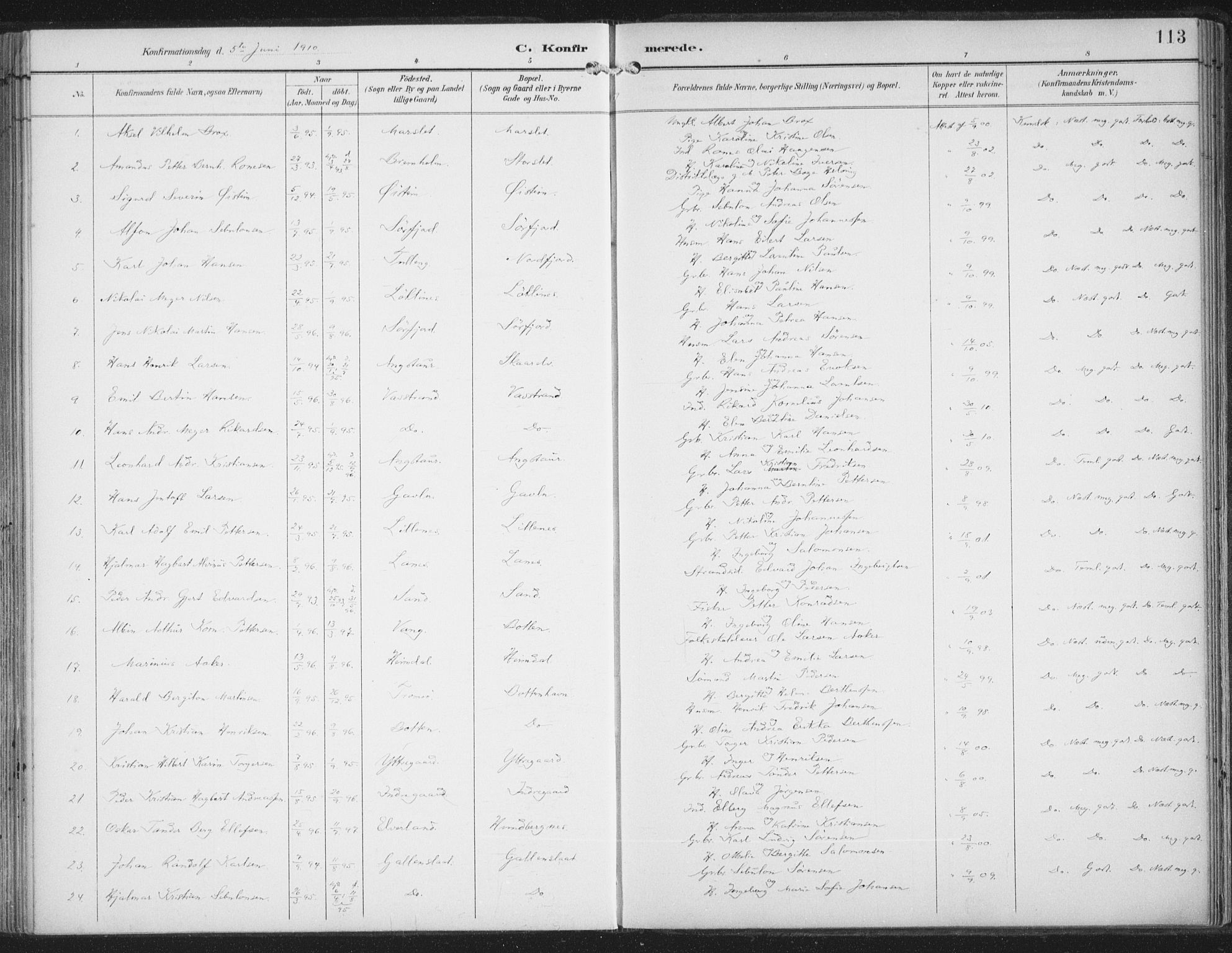Lenvik sokneprestembete, SATØ/S-1310/H/Ha/Haa/L0015kirke: Parish register (official) no. 15, 1896-1915, p. 113