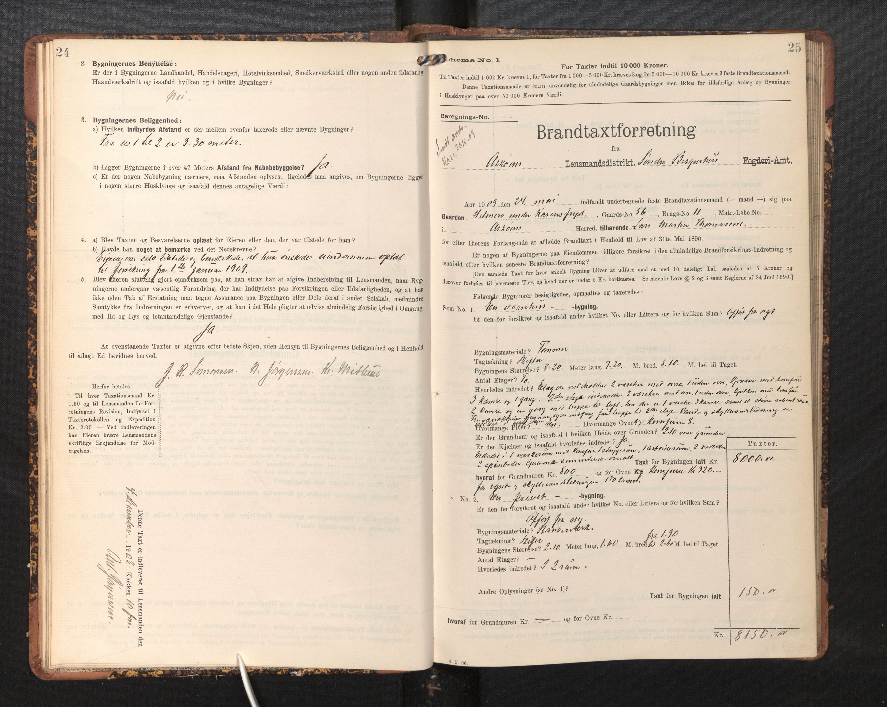 Lensmannen i Askøy, AV/SAB-A-31001/0012/L0006: Branntakstprotokoll, skjematakst, Laksevåg, 1907-1917, p. 24-25