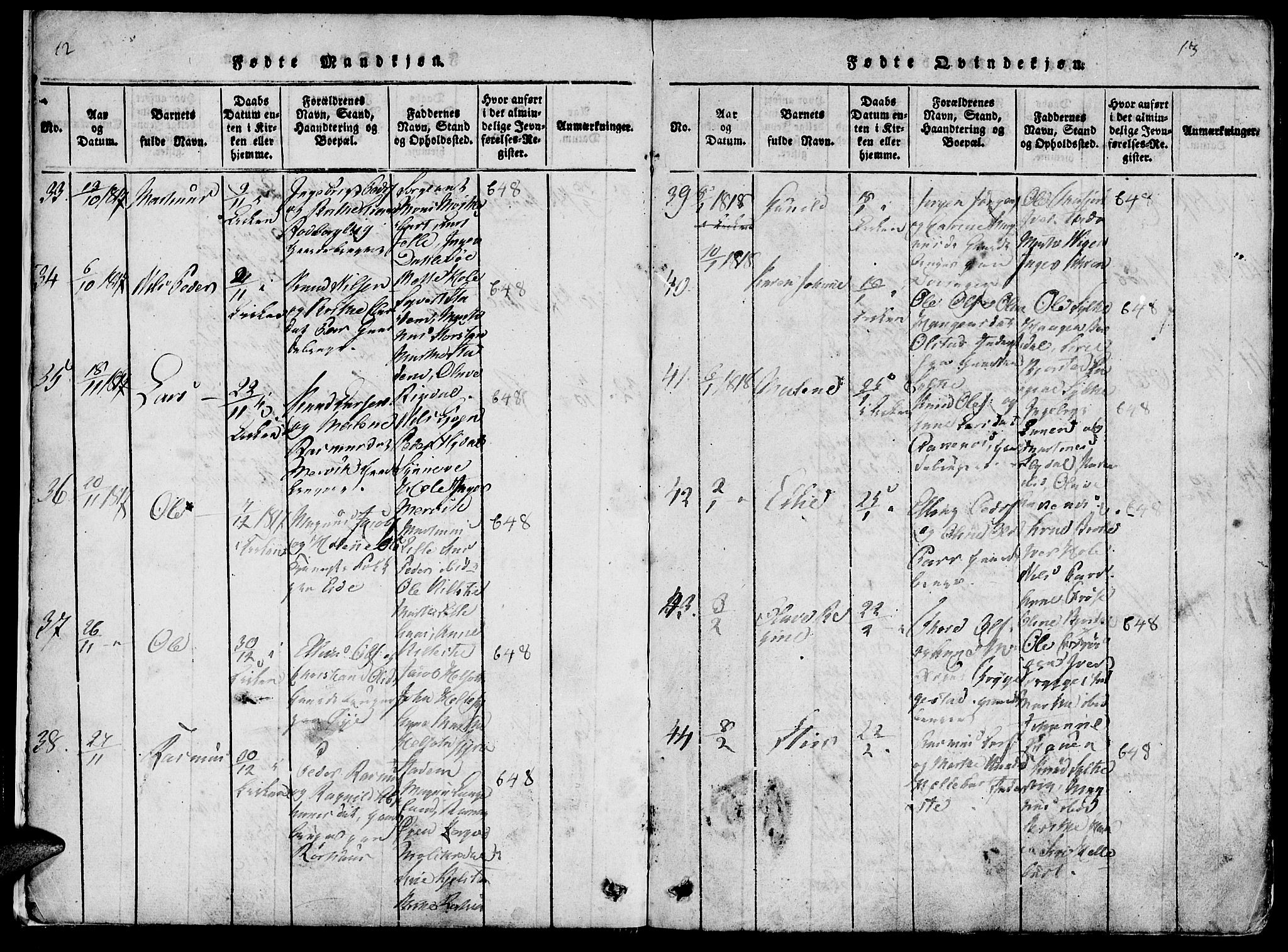 Ministerialprotokoller, klokkerbøker og fødselsregistre - Møre og Romsdal, SAT/A-1454/519/L0260: Parish register (copy) no. 519C01, 1817-1829, p. 12-13