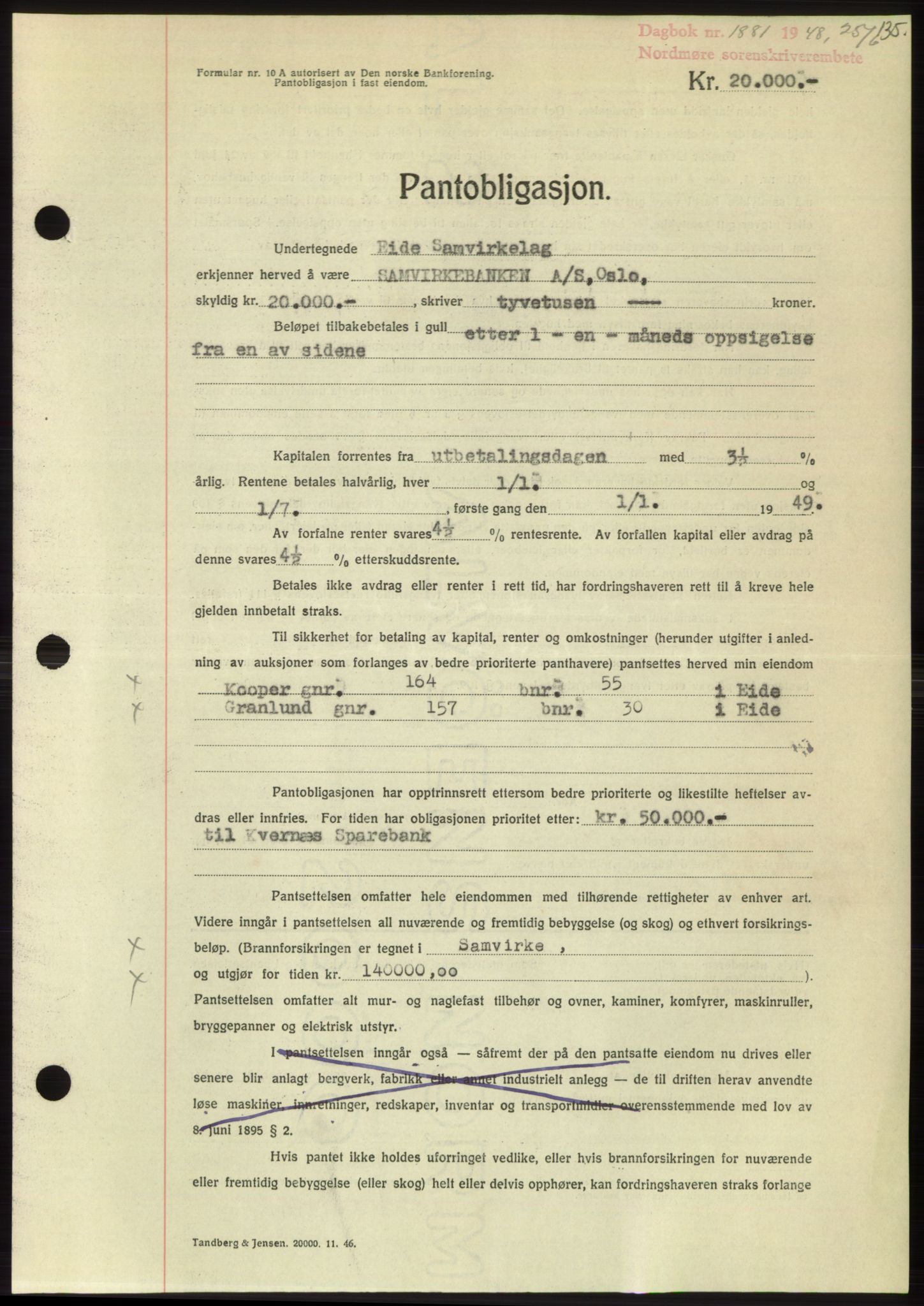 Nordmøre sorenskriveri, AV/SAT-A-4132/1/2/2Ca: Mortgage book no. B99, 1948-1948, Diary no: : 1881/1948