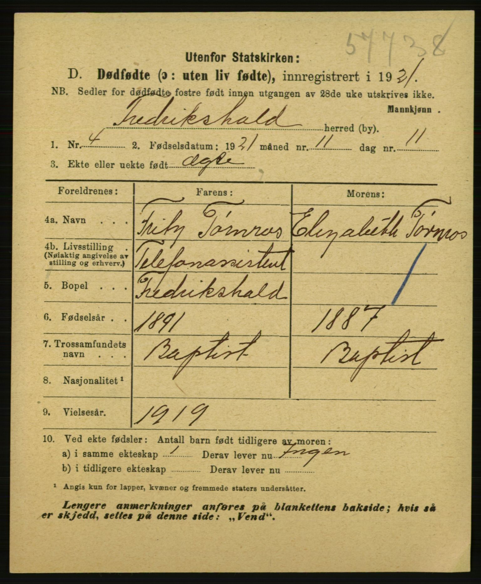 Statistisk sentralbyrå, Sosiodemografiske emner, Befolkning, AV/RA-S-2228/E/L0019: Fødte, gifte, døde dissentere., 1921, p. 3975