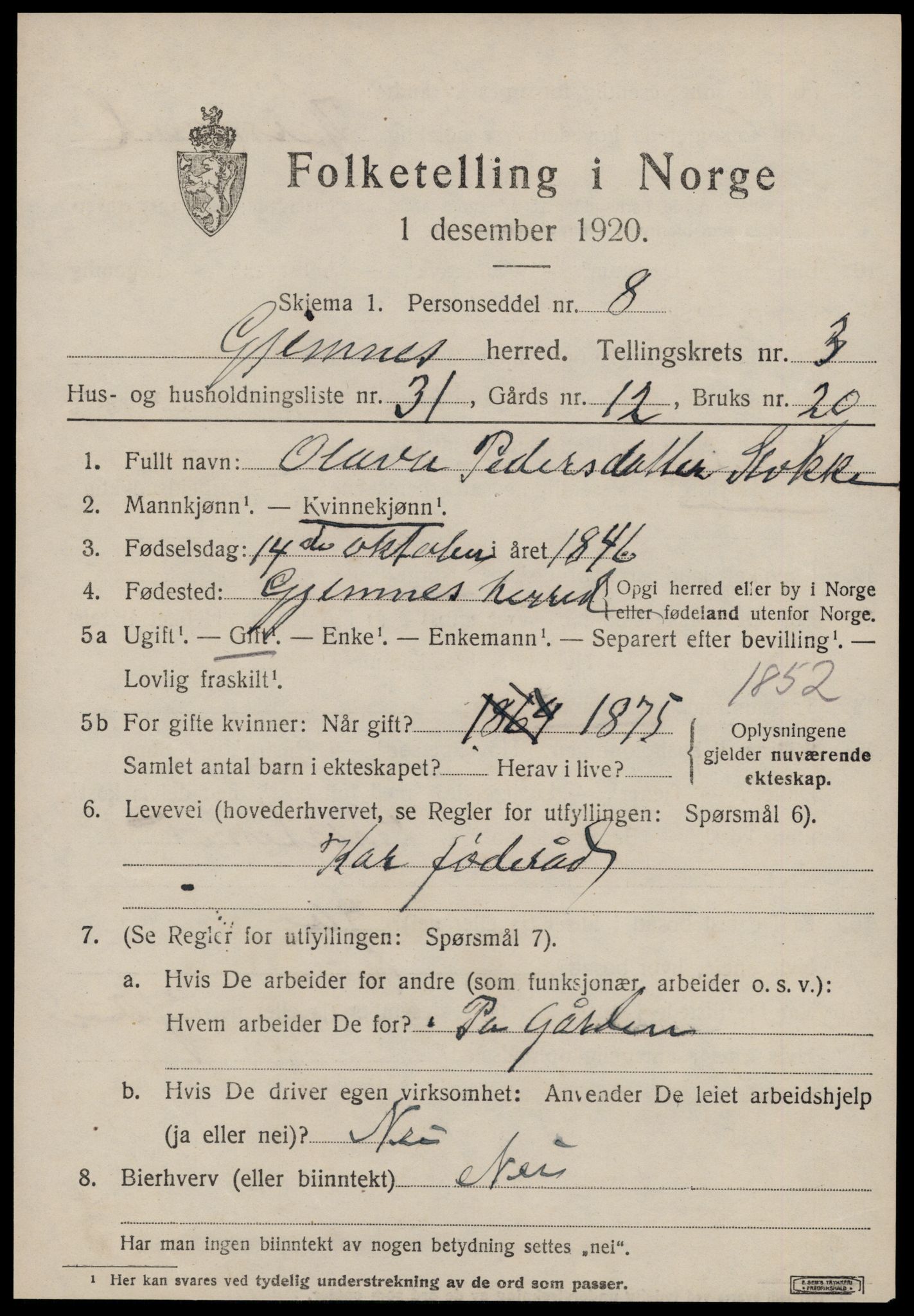 SAT, 1920 census for Gjemnes, 1920, p. 1582