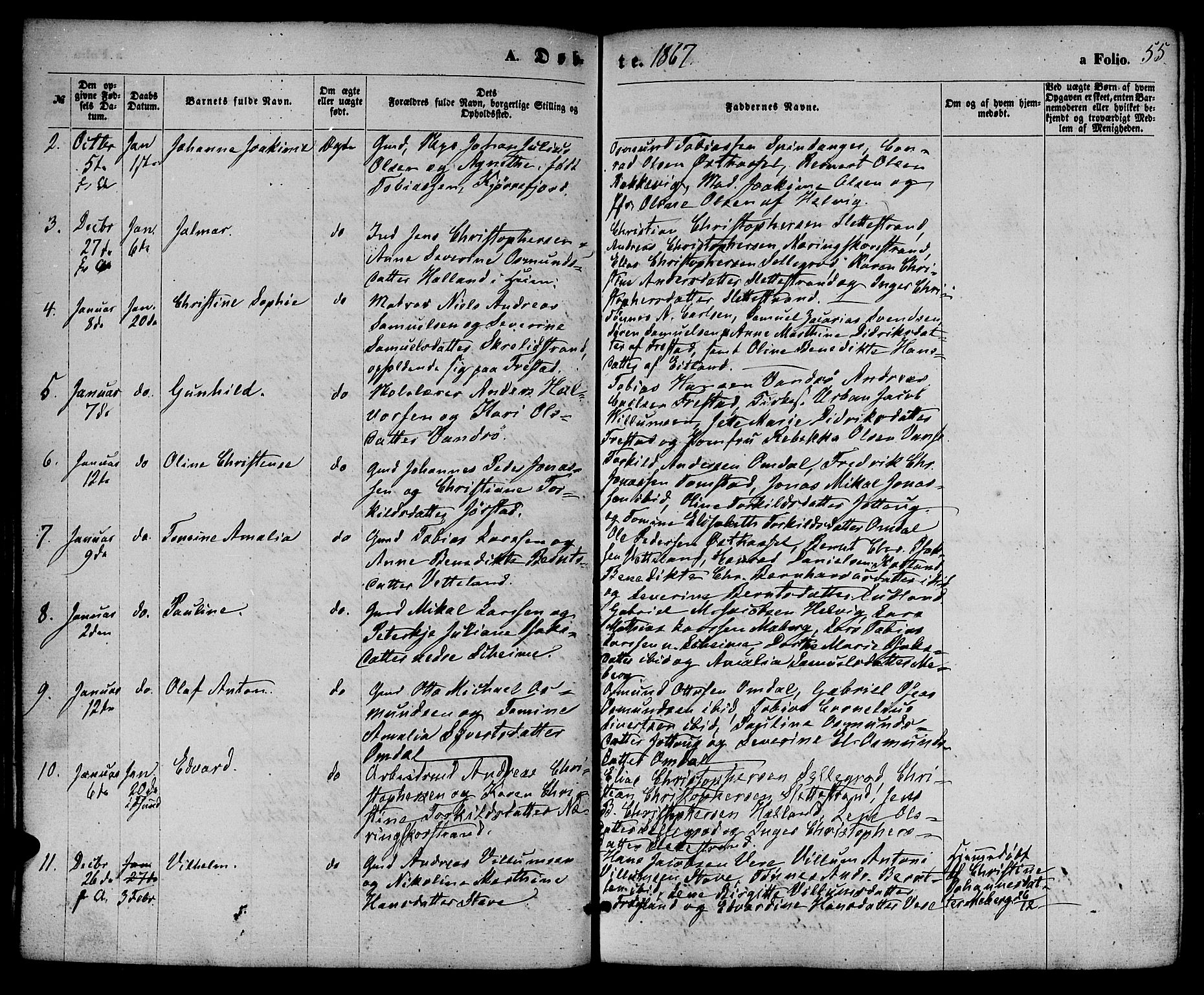 Lista sokneprestkontor, AV/SAK-1111-0027/F/Fb/L0003: Parish register (copy) no. B 3, 1862-1877, p. 55