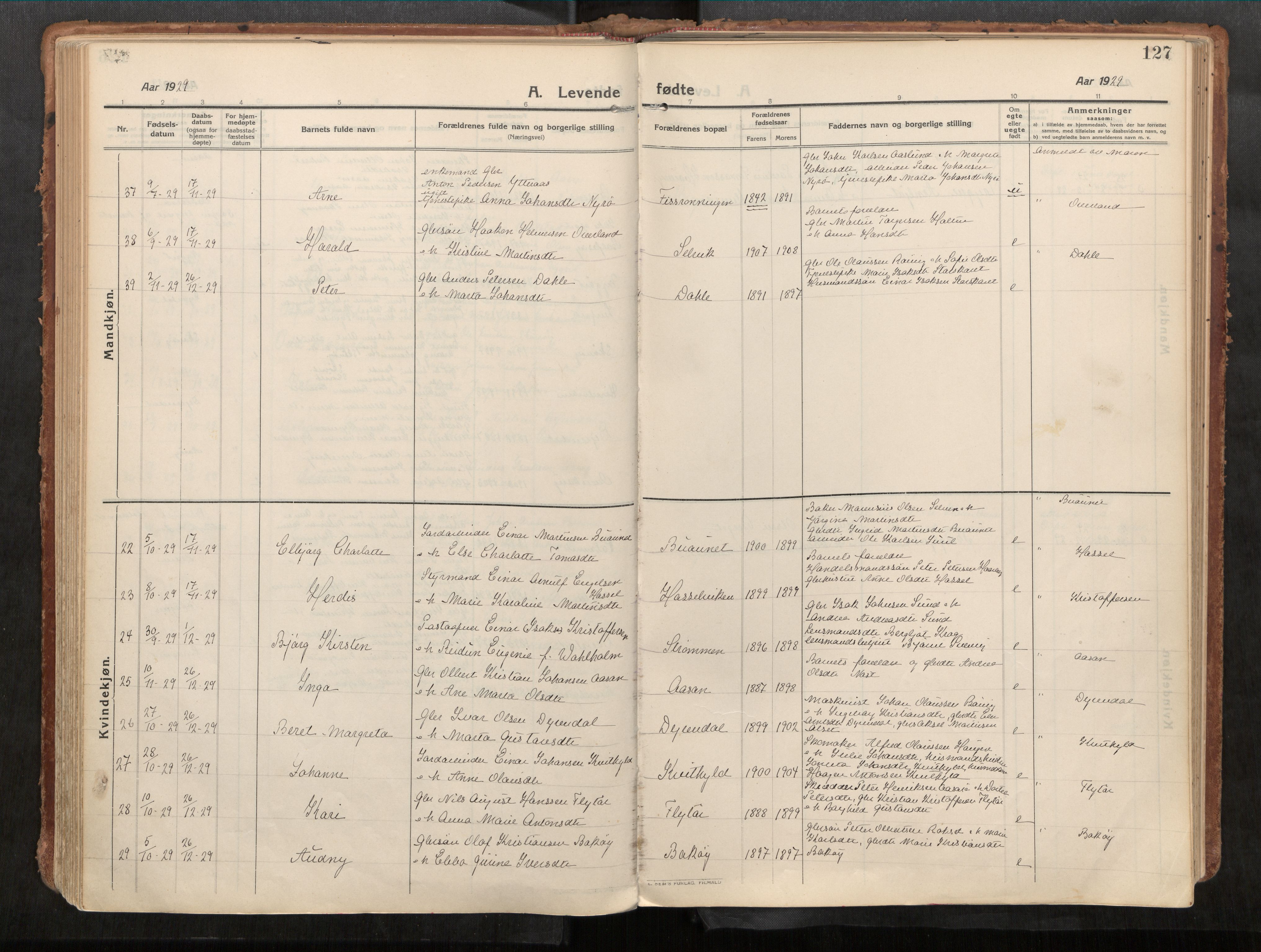 Stadsbygd sokneprestkontor, AV/SAT-A-1117/1/I/I1/I1a/L0001: Parish register (official) no. 1, 1911-1929, p. 127