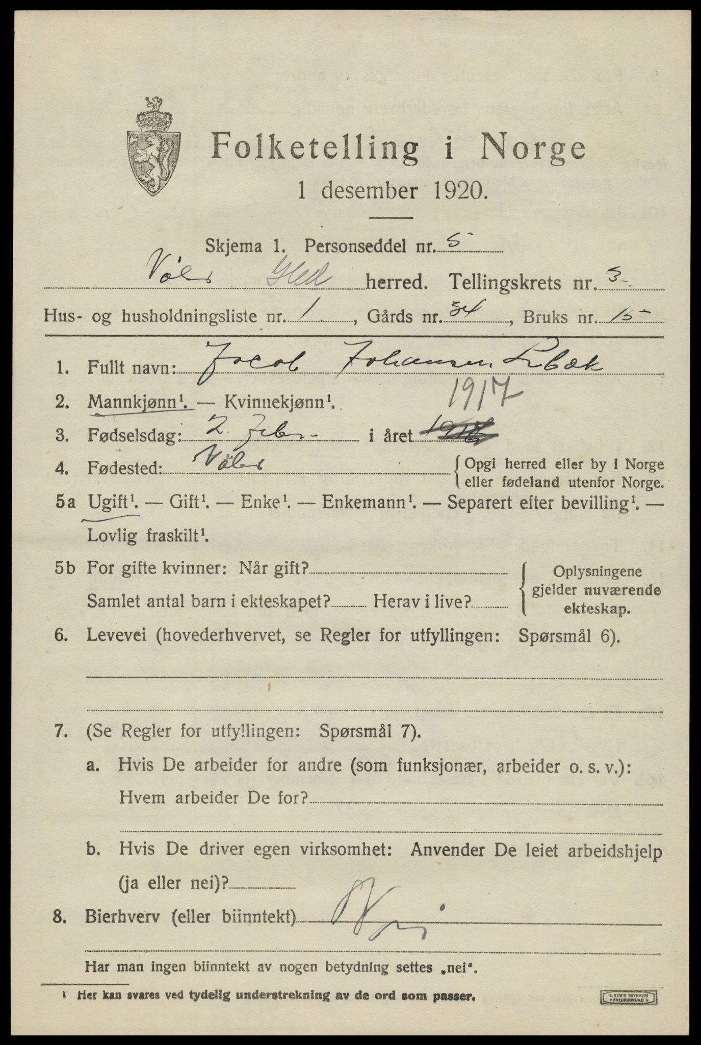 SAH, 1920 census for Våler (Hedmark), 1920, p. 3373