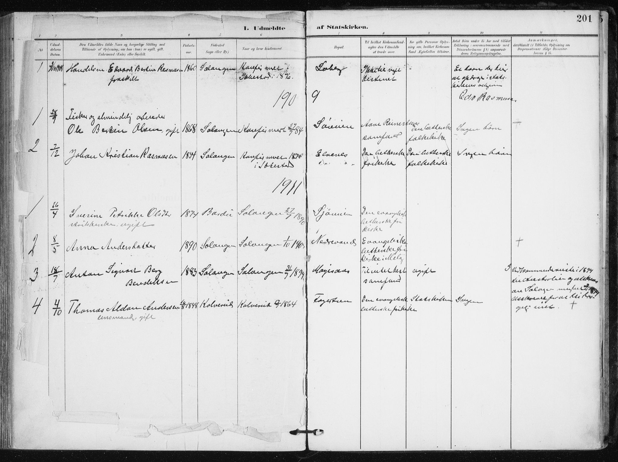 Salangen sokneprestembete, SATØ/S-1324/H/Ha/L0002kirke: Parish register (official) no. 2, 1902-1911, p. 201