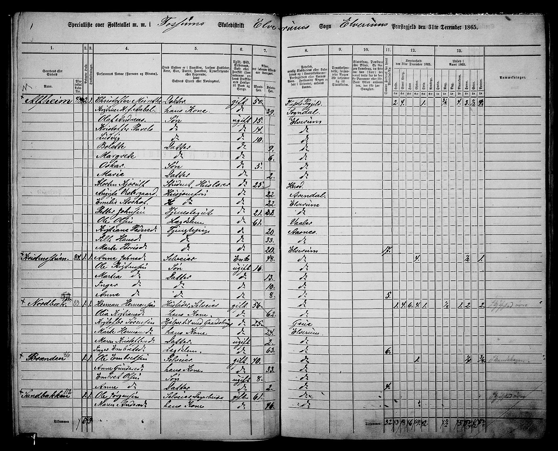 RA, 1865 census for Elverum, 1865, p. 87