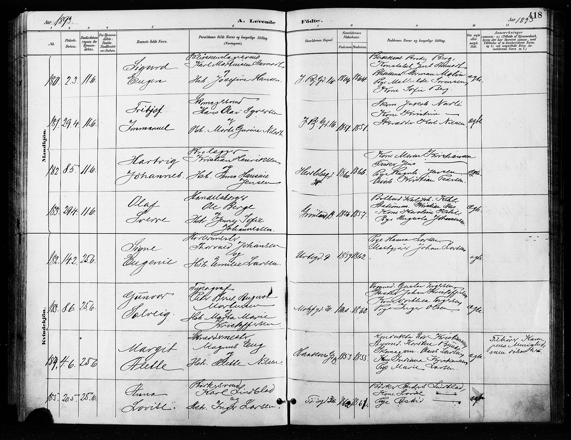 Grønland prestekontor Kirkebøker, AV/SAO-A-10848/F/Fa/L0009: Parish register (official) no. 9, 1888-1893, p. 418