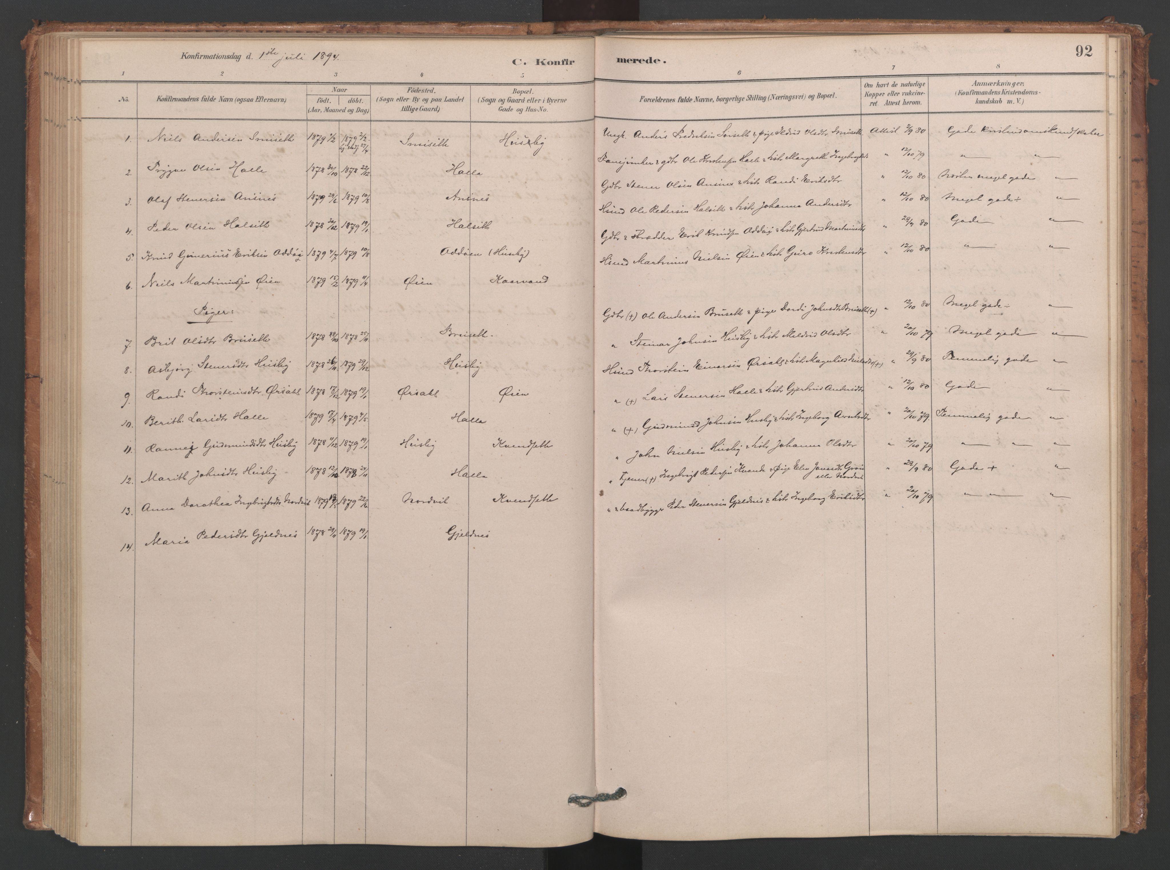 Ministerialprotokoller, klokkerbøker og fødselsregistre - Møre og Romsdal, SAT/A-1454/593/L1034: Parish register (official) no. 593A01, 1879-1911, p. 92