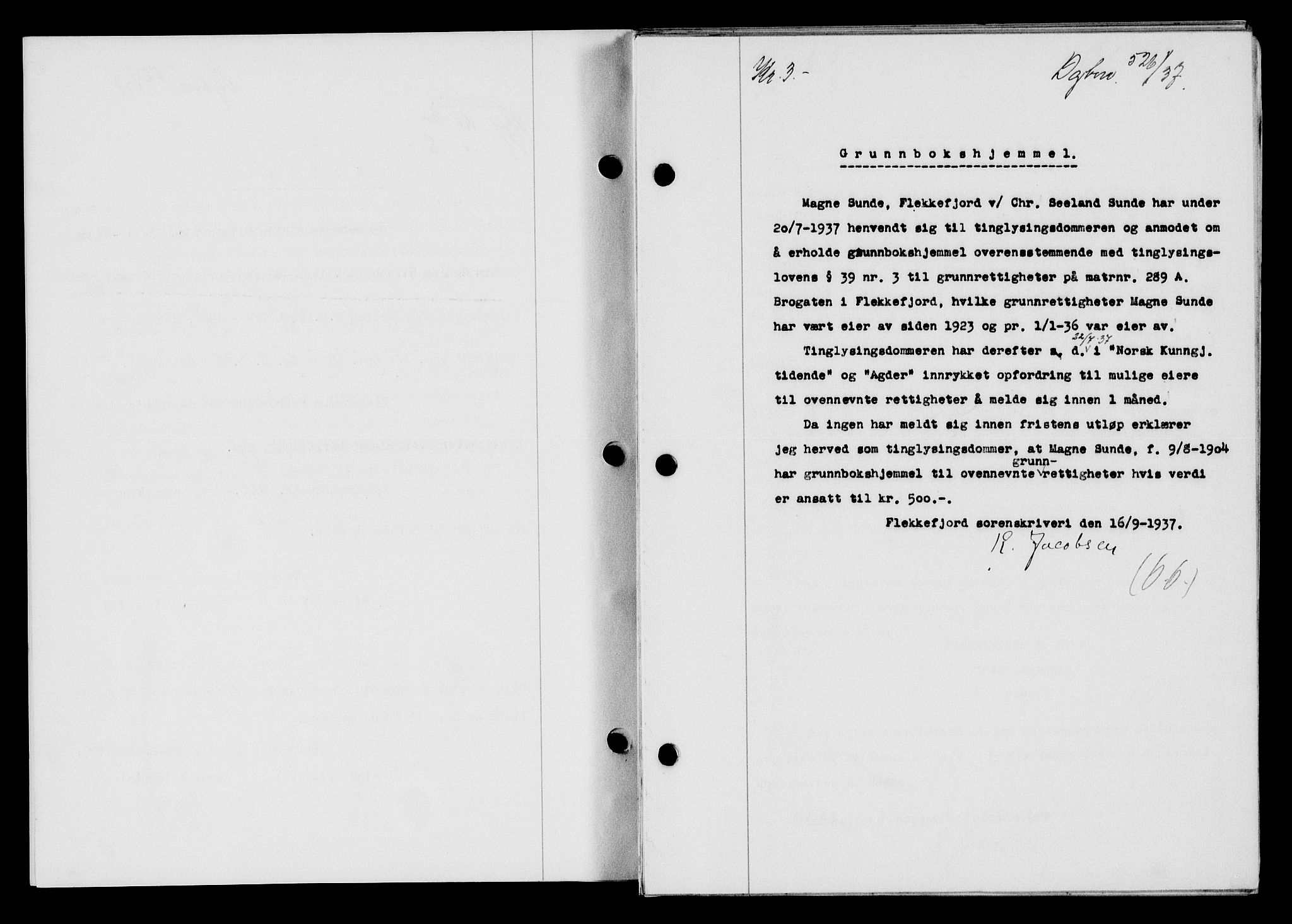 Flekkefjord sorenskriveri, SAK/1221-0001/G/Gb/Gba/L0054: Mortgage book no. A-2, 1937-1938, Diary no: : 526/1937