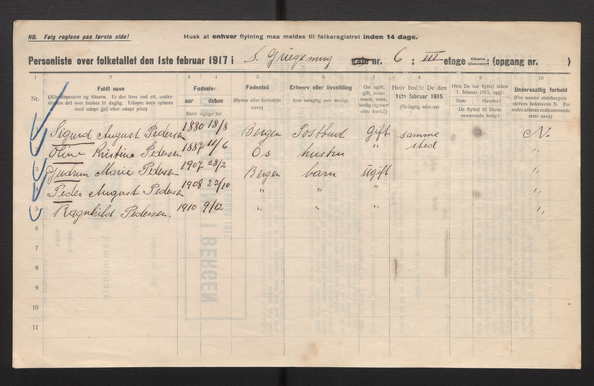 SAB, Municipal Census 1917 for Bergen, 1917, p. 10725