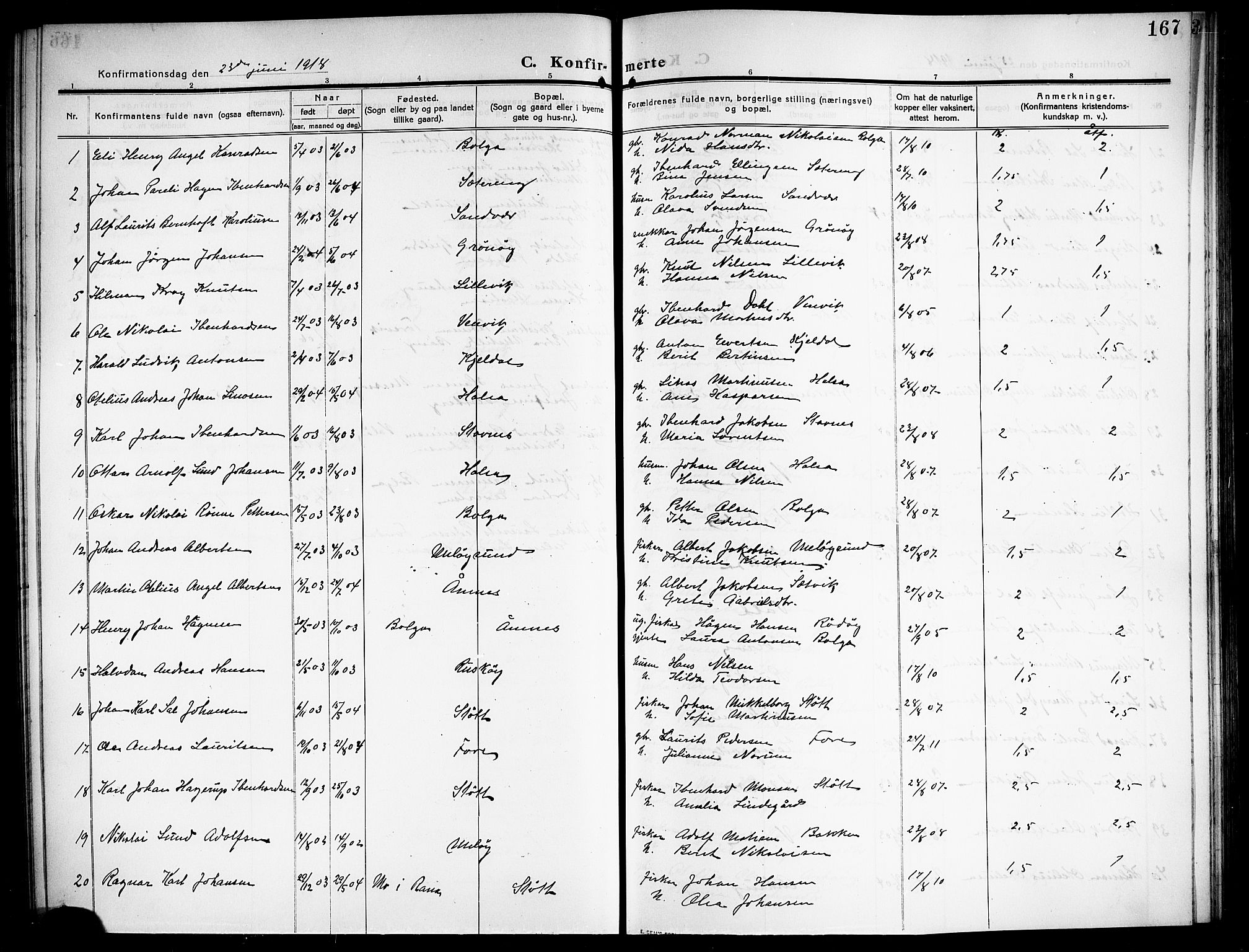 Ministerialprotokoller, klokkerbøker og fødselsregistre - Nordland, SAT/A-1459/843/L0639: Parish register (copy) no. 843C08, 1908-1924, p. 167