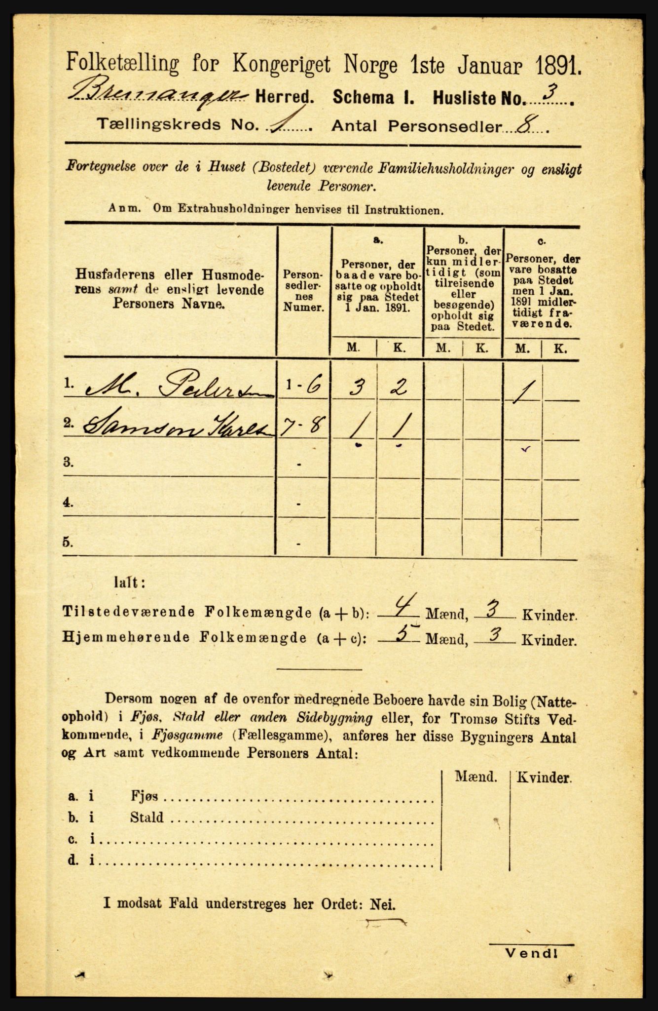 RA, 1891 census for 1438 Bremanger, 1891, p. 20