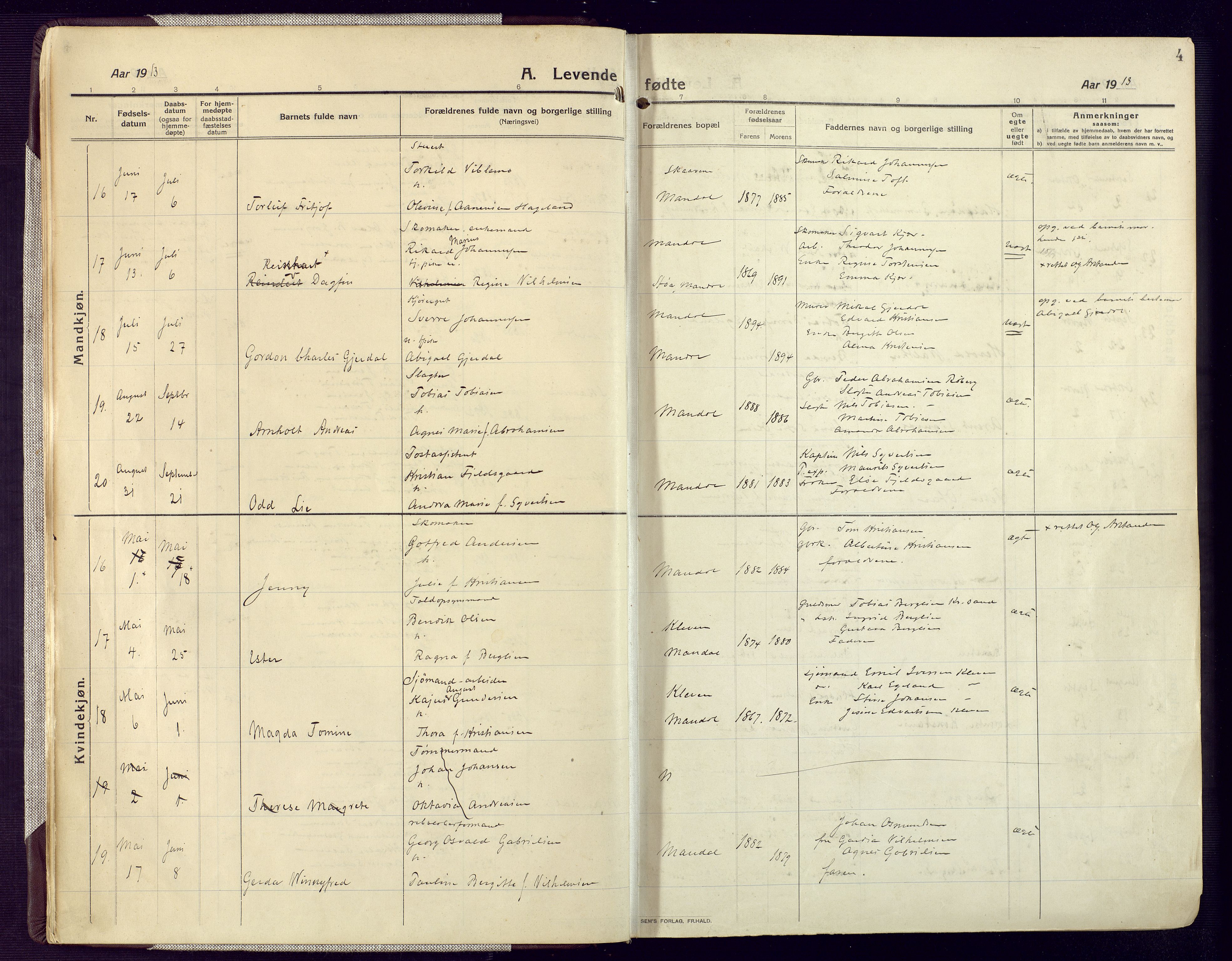 Mandal sokneprestkontor, AV/SAK-1111-0030/F/Fa/Fac/L0001: Parish register (official) no. A 1, 1913-1925, p. 4