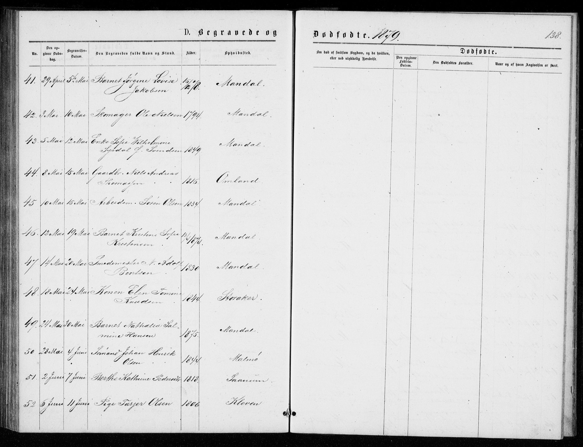 Mandal sokneprestkontor, AV/SAK-1111-0030/F/Fb/Fba/L0010: Parish register (copy) no. B 4, 1876-1880, p. 138