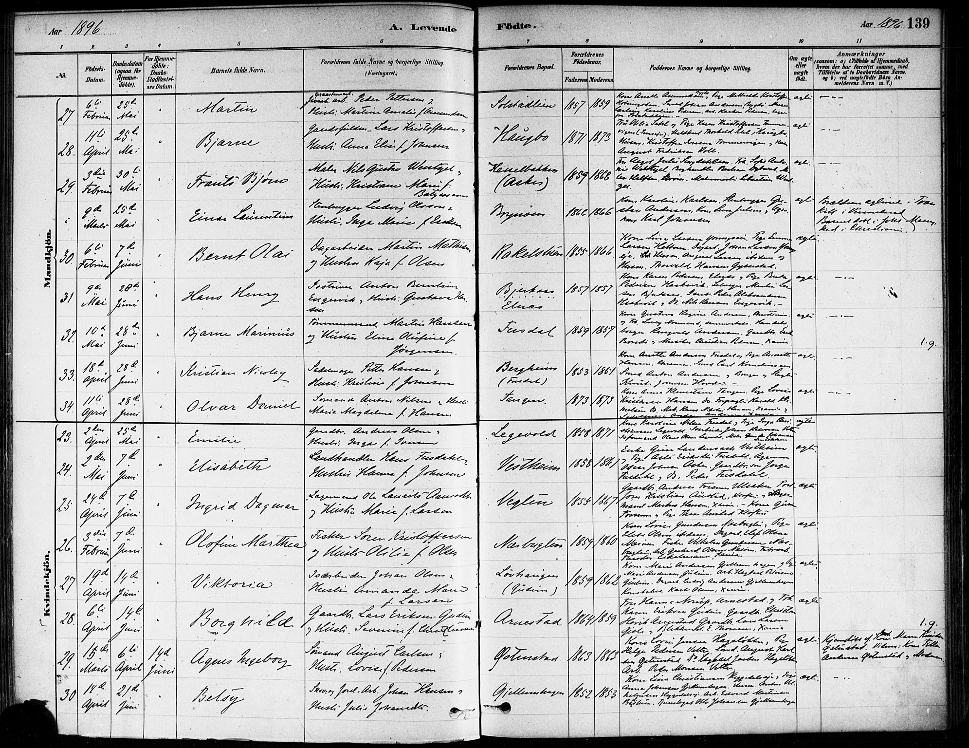 Asker prestekontor Kirkebøker, SAO/A-10256a/F/Fa/L0013: Parish register (official) no. I 13, 1879-1896, p. 139