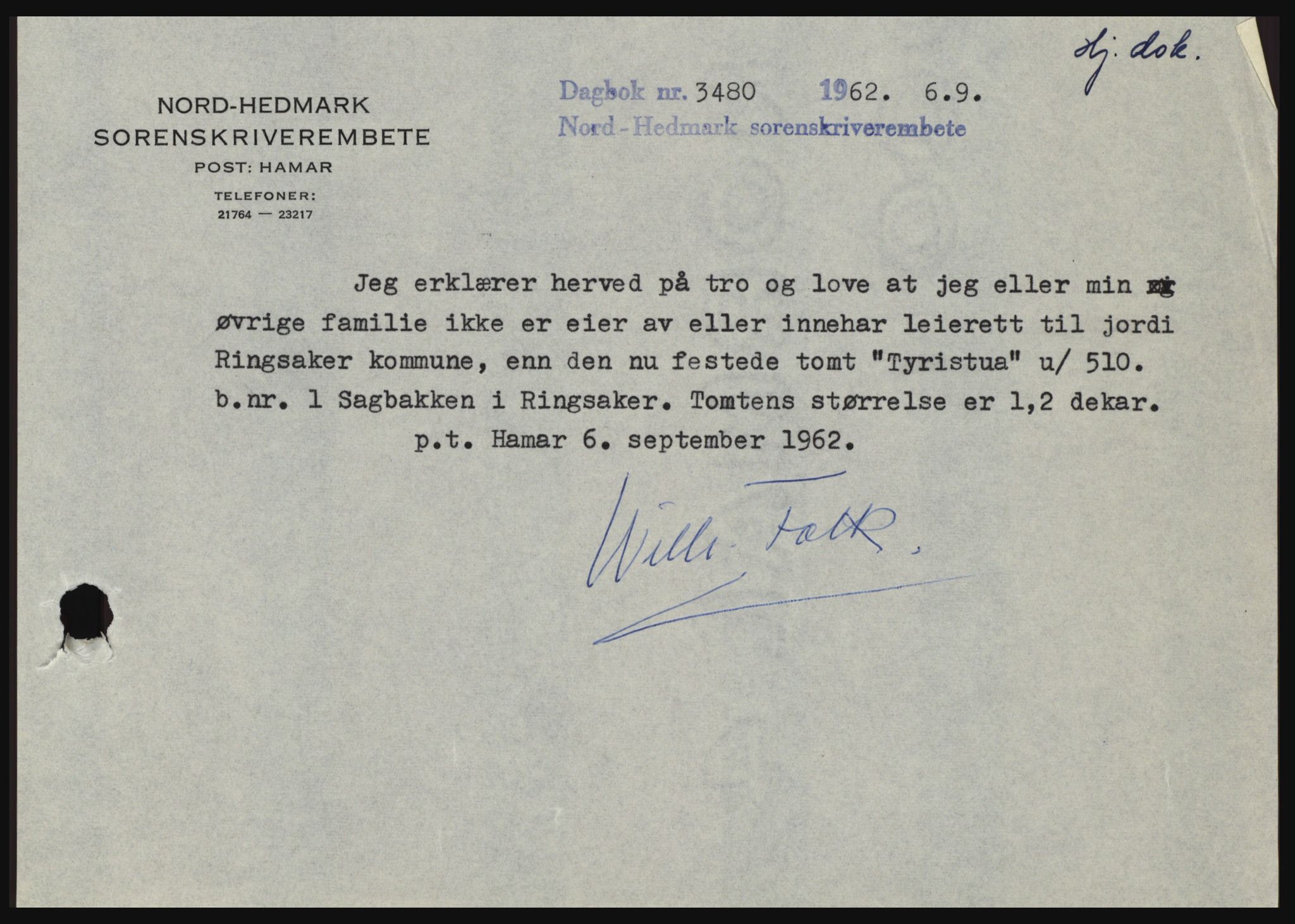 Nord-Hedmark sorenskriveri, SAH/TING-012/H/Hc/L0016: Mortgage book no. 16, 1962-1962, Diary no: : 3480/1962