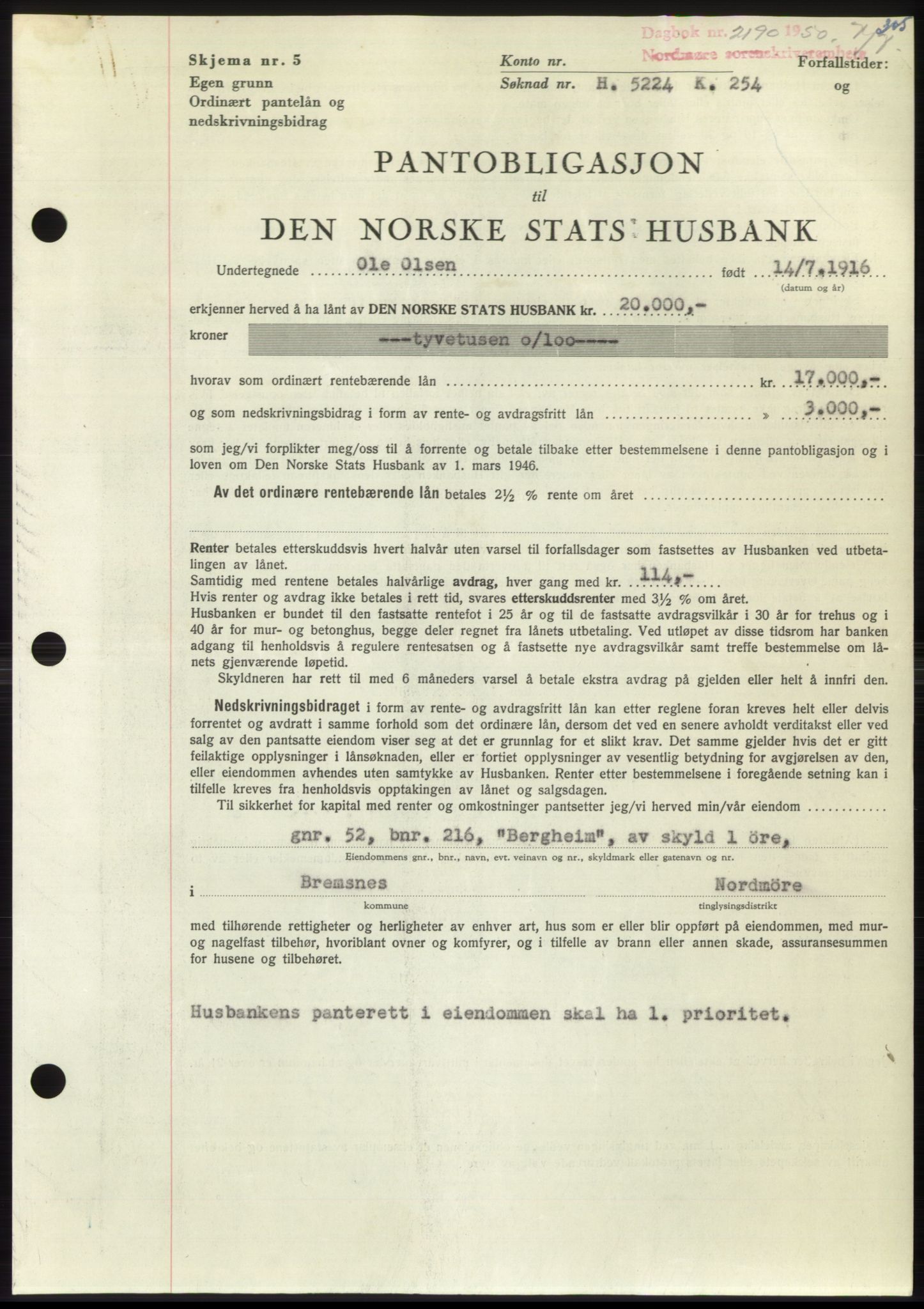 Nordmøre sorenskriveri, AV/SAT-A-4132/1/2/2Ca: Mortgage book no. B105, 1950-1950, Diary no: : 2190/1950