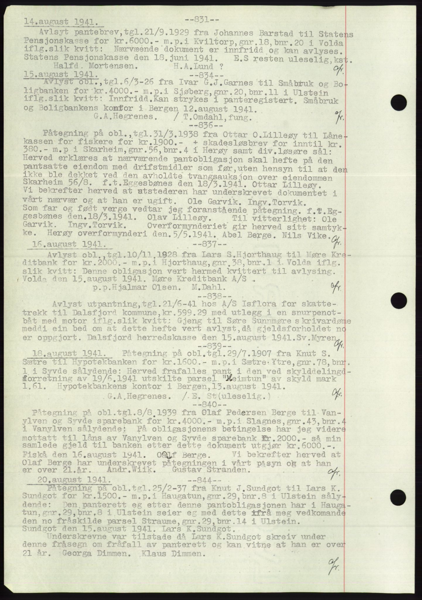 Søre Sunnmøre sorenskriveri, AV/SAT-A-4122/1/2/2C/L0072: Mortgage book no. 66, 1941-1955, Diary no: : 831/1941