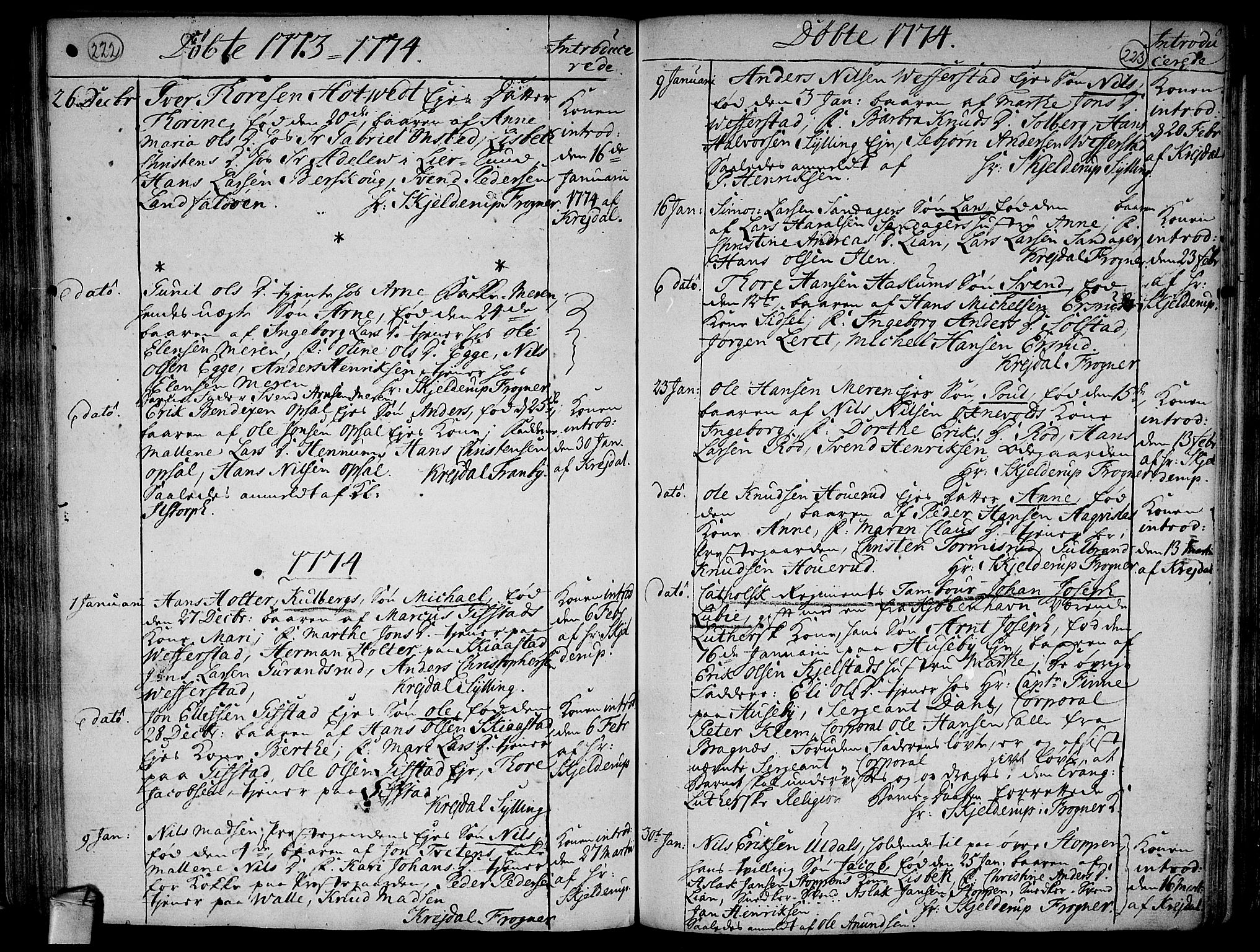 Lier kirkebøker, SAKO/A-230/F/Fa/L0005: Parish register (official) no. I 5, 1764-1777, p. 222-223